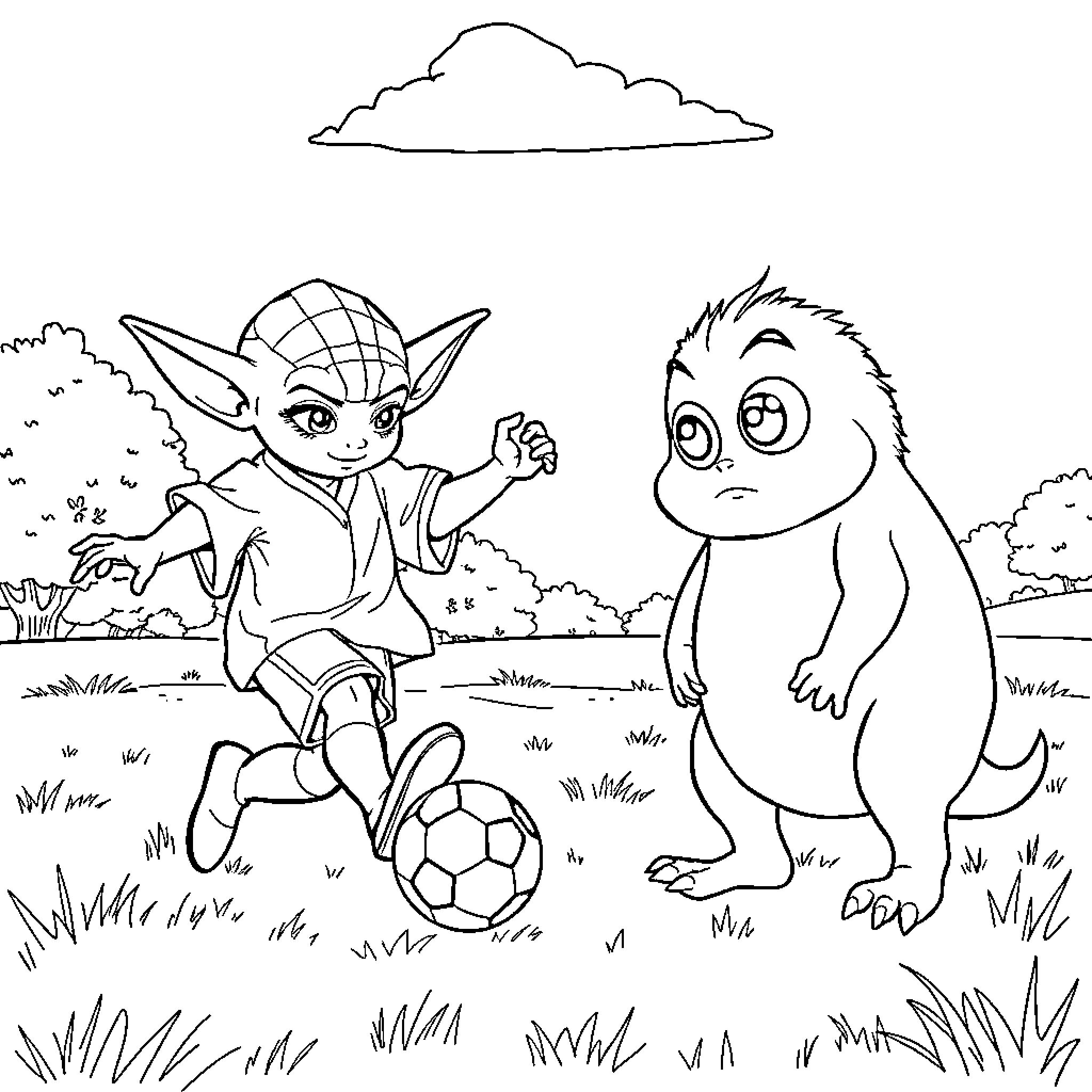 Yoda playing soccer with a furry creature Coloring Page (free black-and-white line drawing printable PDF for all, from beginners to advanced learners, including children, teens, adults, and seniors)