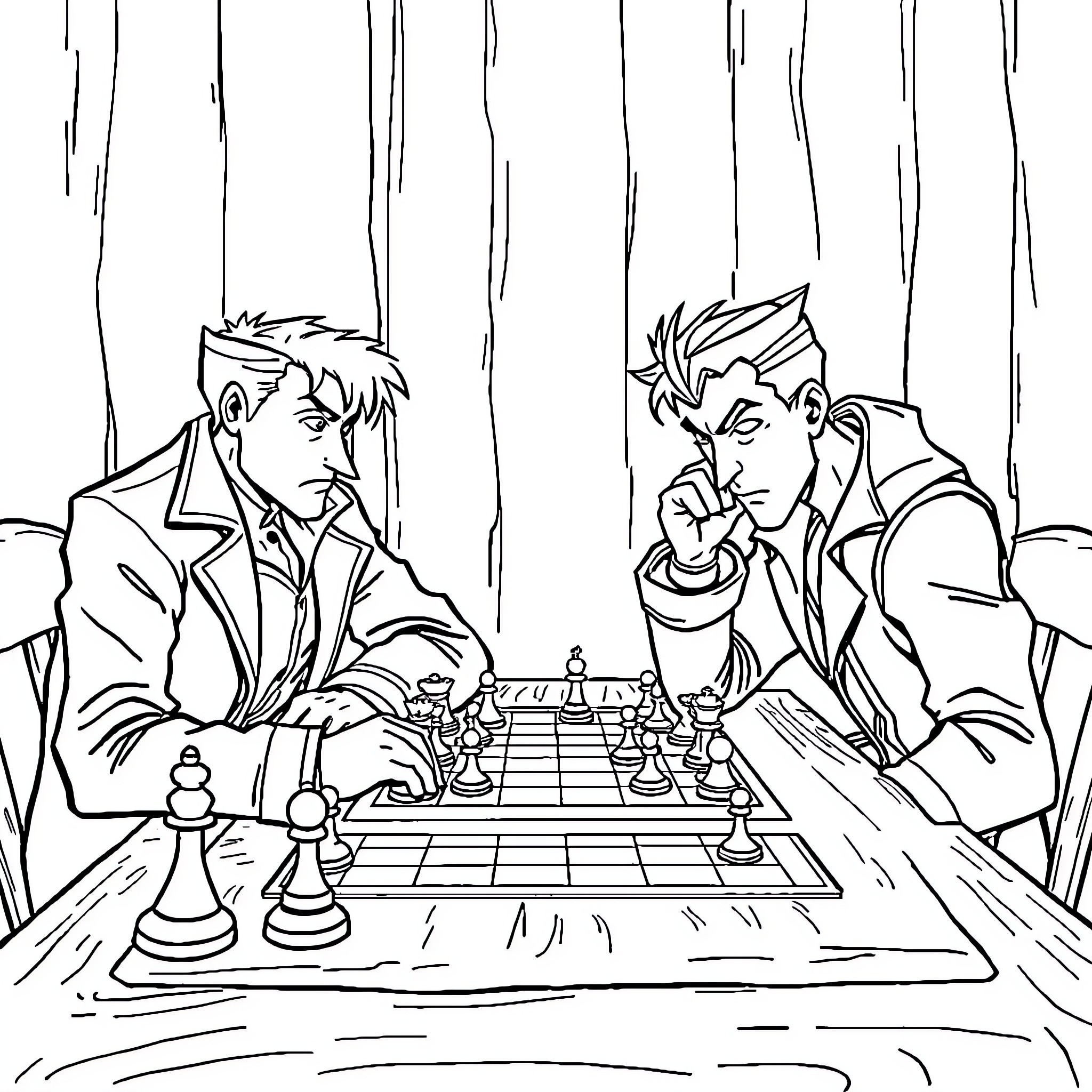 Richie Tozier engaged in a chess match with a companion Coloring Page (free black-and-white line drawing printable PDF for all, from beginners to advanced learners, including children, teens, adults, and seniors)