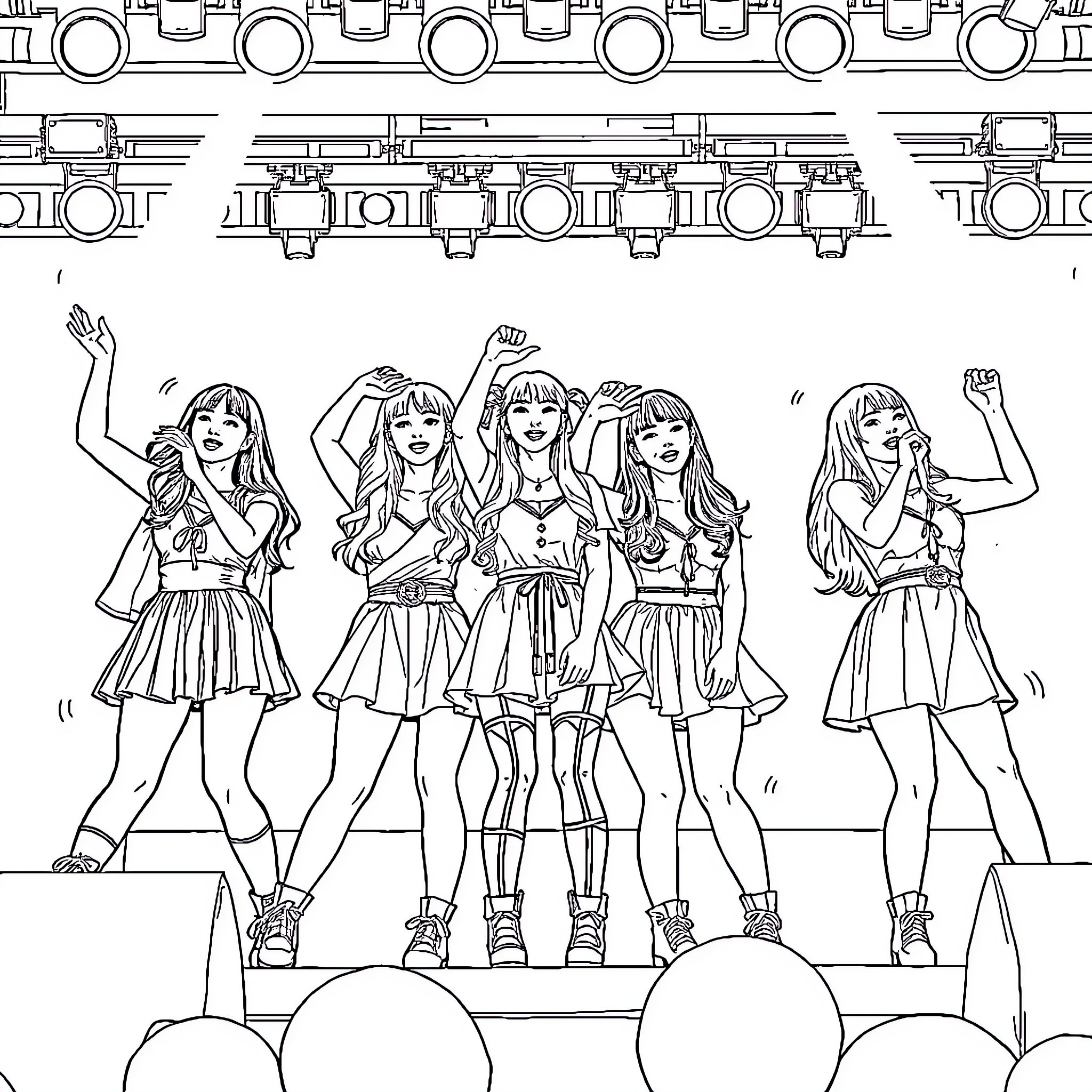 Blackpink Performing on Stage with Energy and Enthusiasm Coloring Page (free black-and-white line drawing printable PDF for all, from beginners to advanced learners, including children, teens, adults, and seniors)