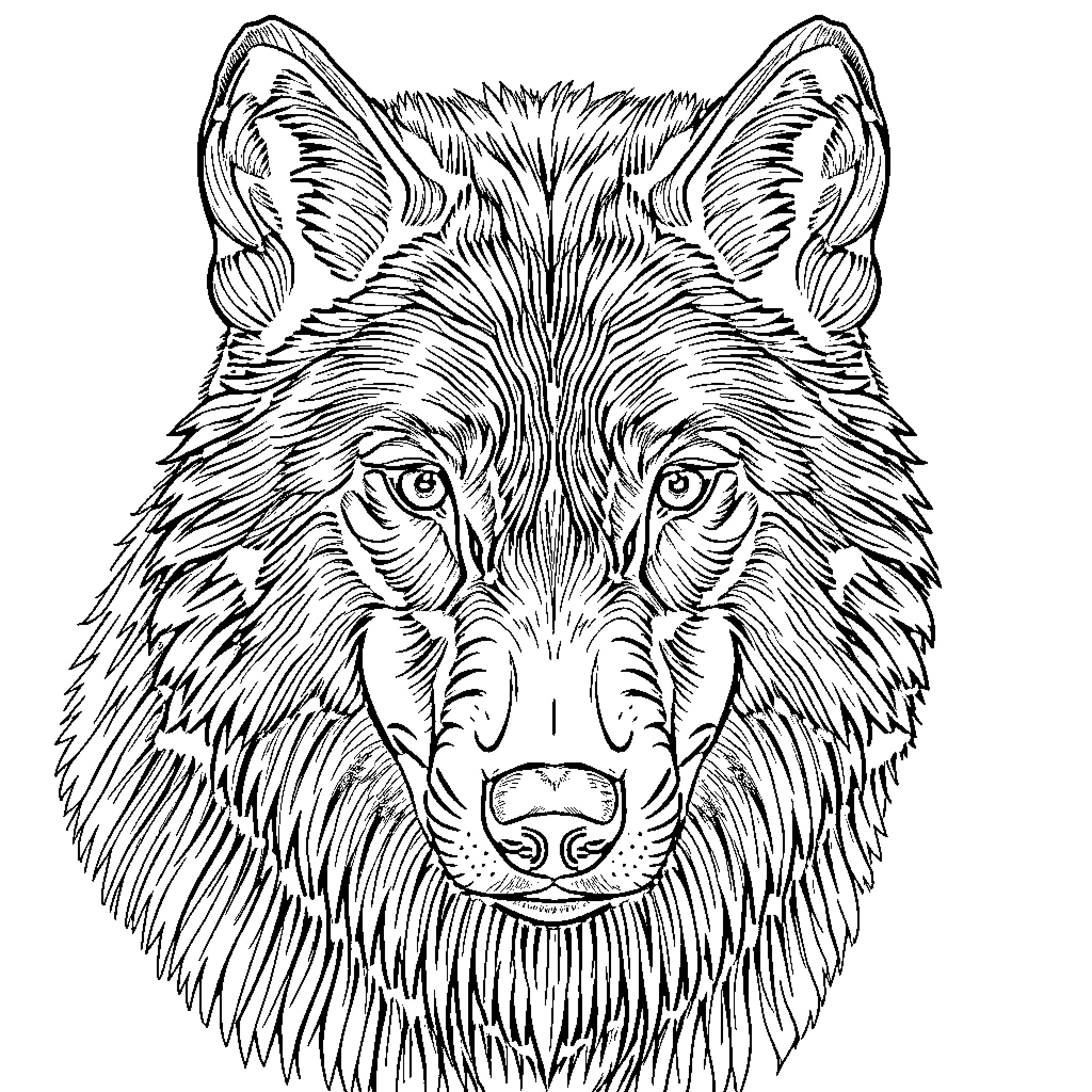 Wolf with intense gaze and detailed fur Coloring Page (free black-and-white line drawing printable PDF for all, from beginners to advanced learners, including children, teens, adults, and seniors)