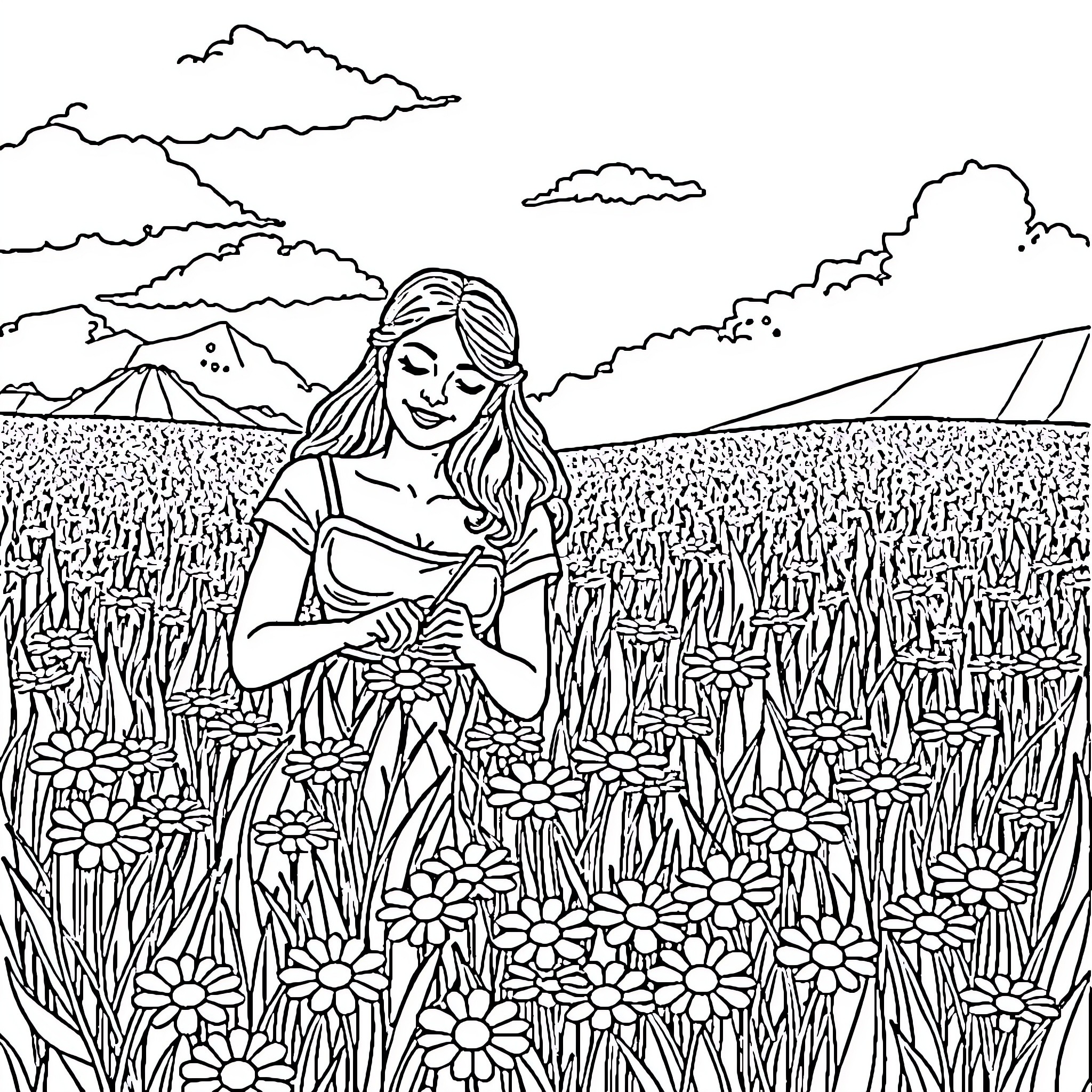 Woman enjoying a walk in the flower field Coloring Page (free black-and-white line drawing printable PDF for all, from beginners to advanced learners, including children, teens, adults, and seniors)