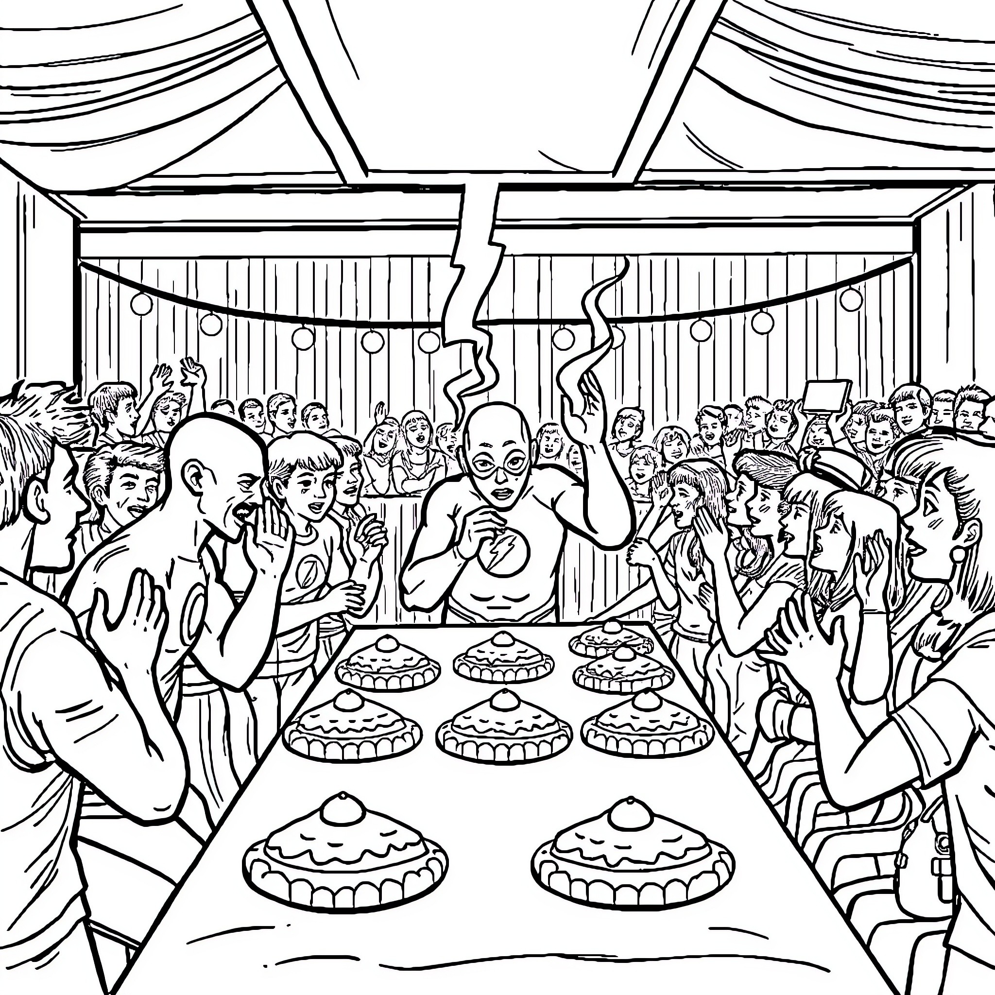 Flash Party in a Crowded Venue Coloring Page (free black-and-white line drawing printable PDF for all, from beginners to advanced learners, including children, teens, adults, and seniors)