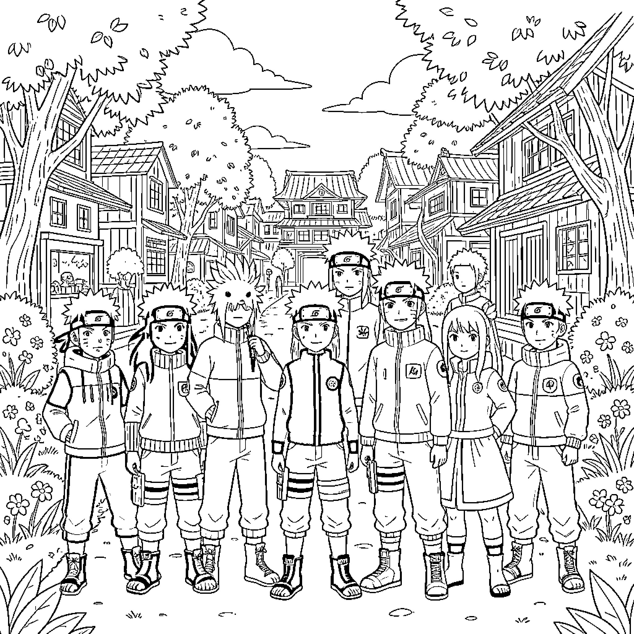 Naruto and the Ninja Squad in an Animated Village Coloring Page (free black-and-white line drawing printable PDF for all, from beginners to advanced learners, including children, teens, adults, and seniors)