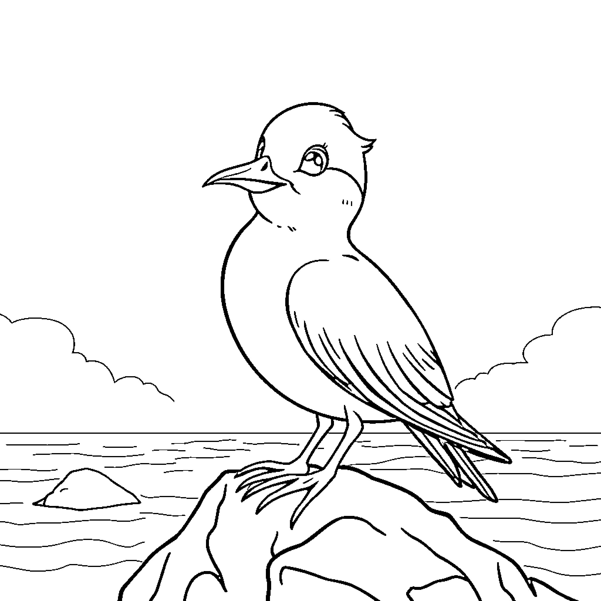 Seagull perched on a rock by the ocean Coloring Page (free black-and-white line drawing printable PDF for all, from beginners to advanced learners, including children, teens, adults, and seniors)