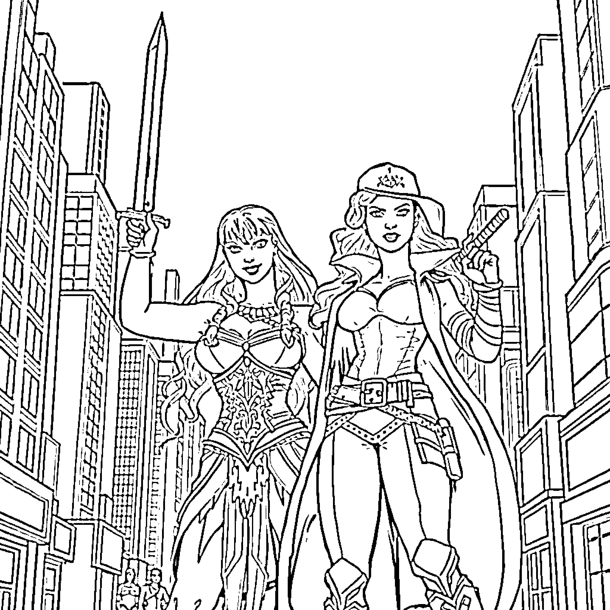 Warrior Women Wielding Weapons in the City Coloring Page (free black-and-white line drawing printable PDF for all, from beginners to advanced learners, including children, teens, adults, and seniors)