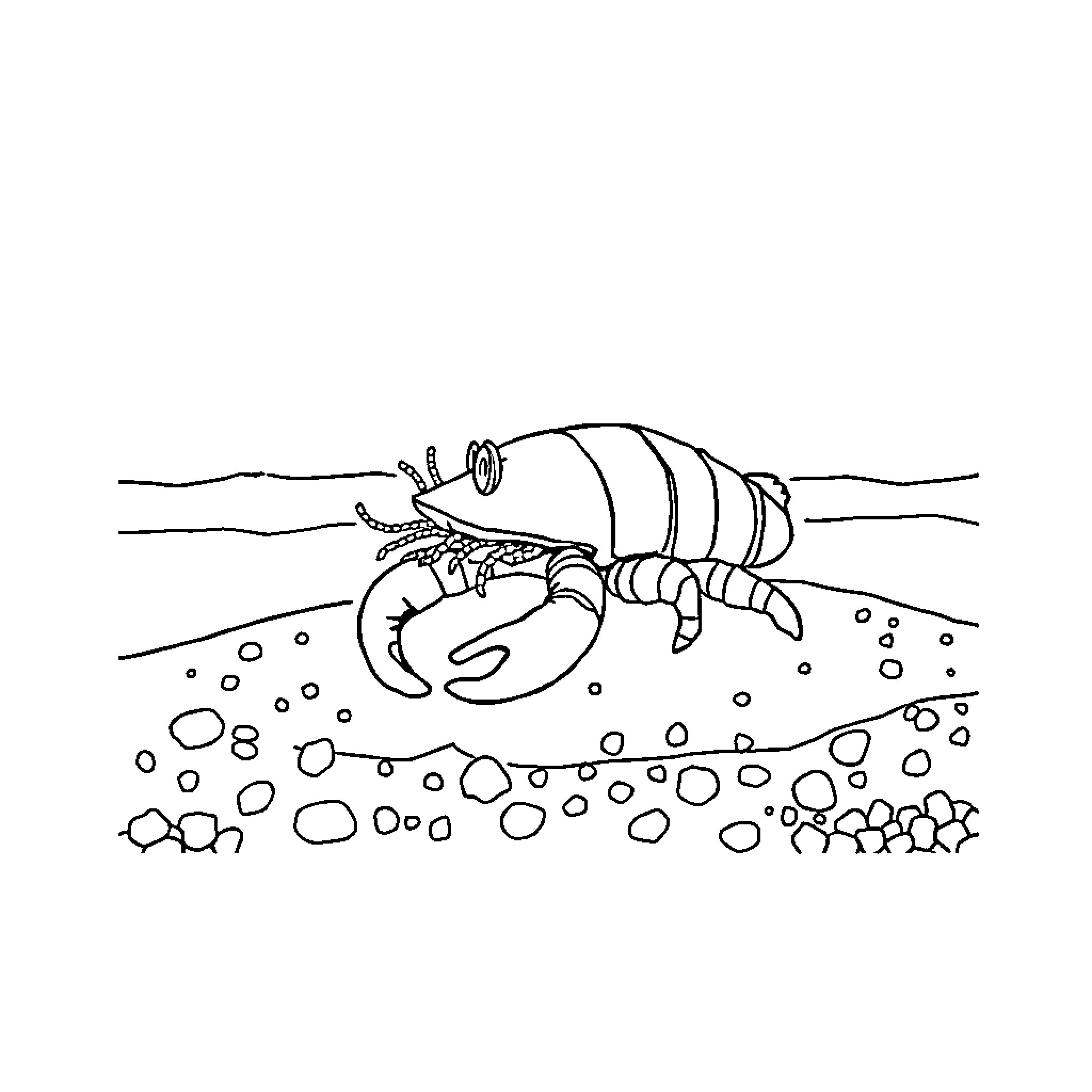 Lobster crawling on the ocean floor Coloring Page (free black-and-white line drawing printable PDF for all, from beginners to advanced learners, including children, teens, adults, and seniors)