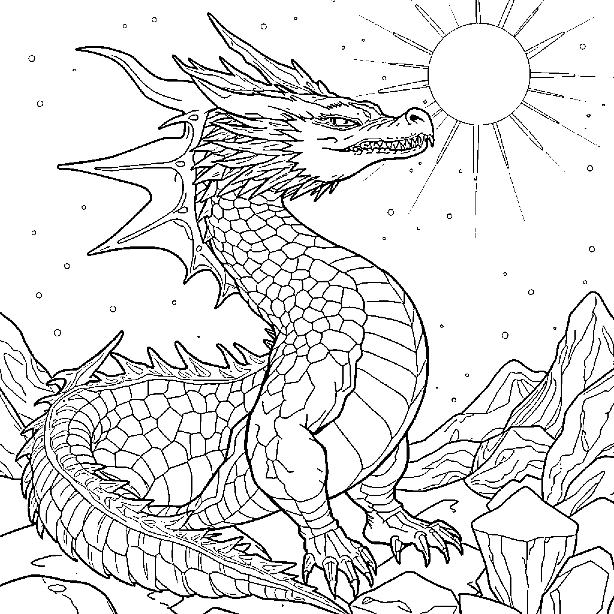 Dragon Soaring in the Starry Night Sky Coloring Page (free black-and-white line drawing printable PDF for all, from beginners to advanced learners, including children, teens, adults, and seniors)