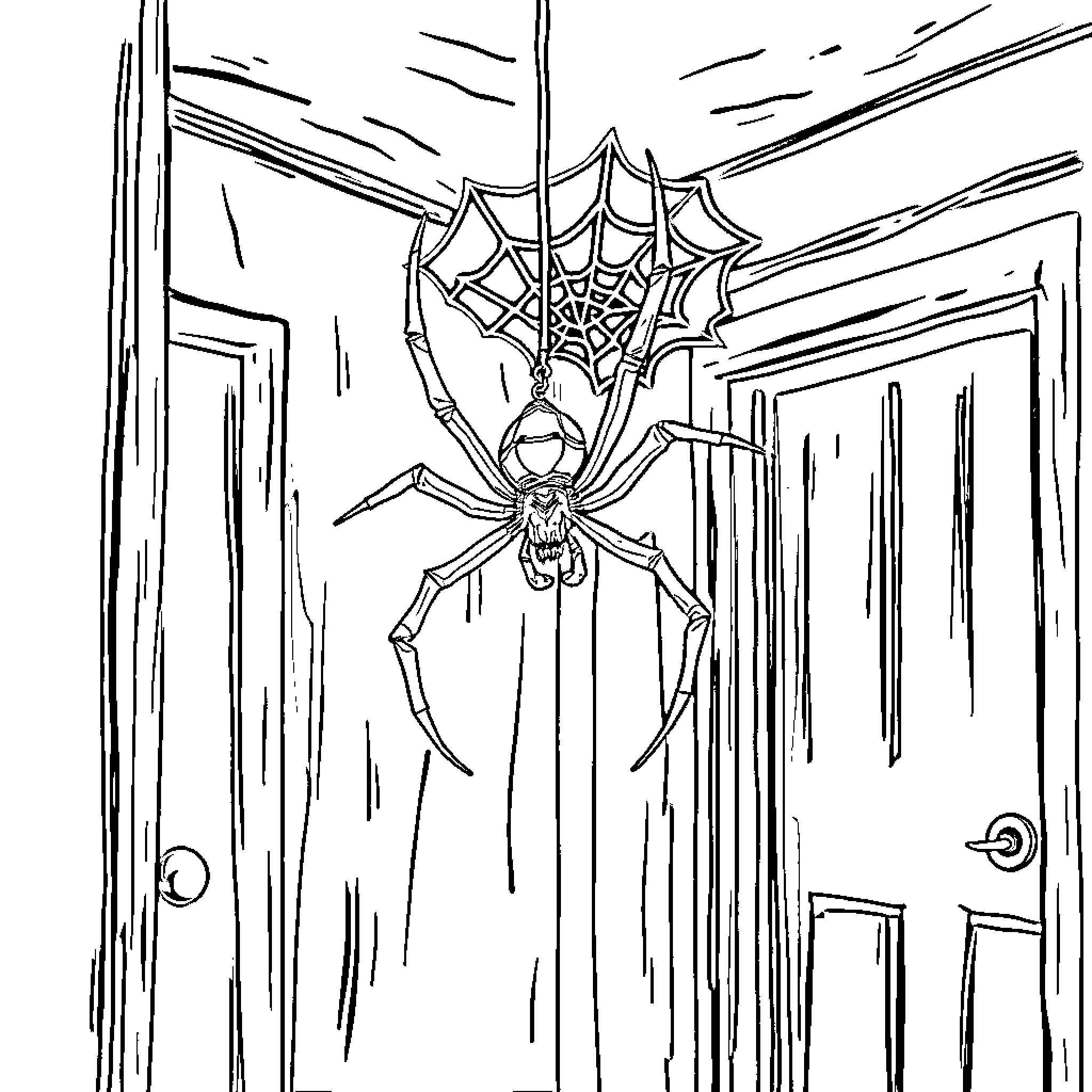Spider crawling in the dark hallway Coloring Page (free black-and-white line drawing printable PDF for all, from beginners to advanced learners, including children, teens, adults, and seniors)