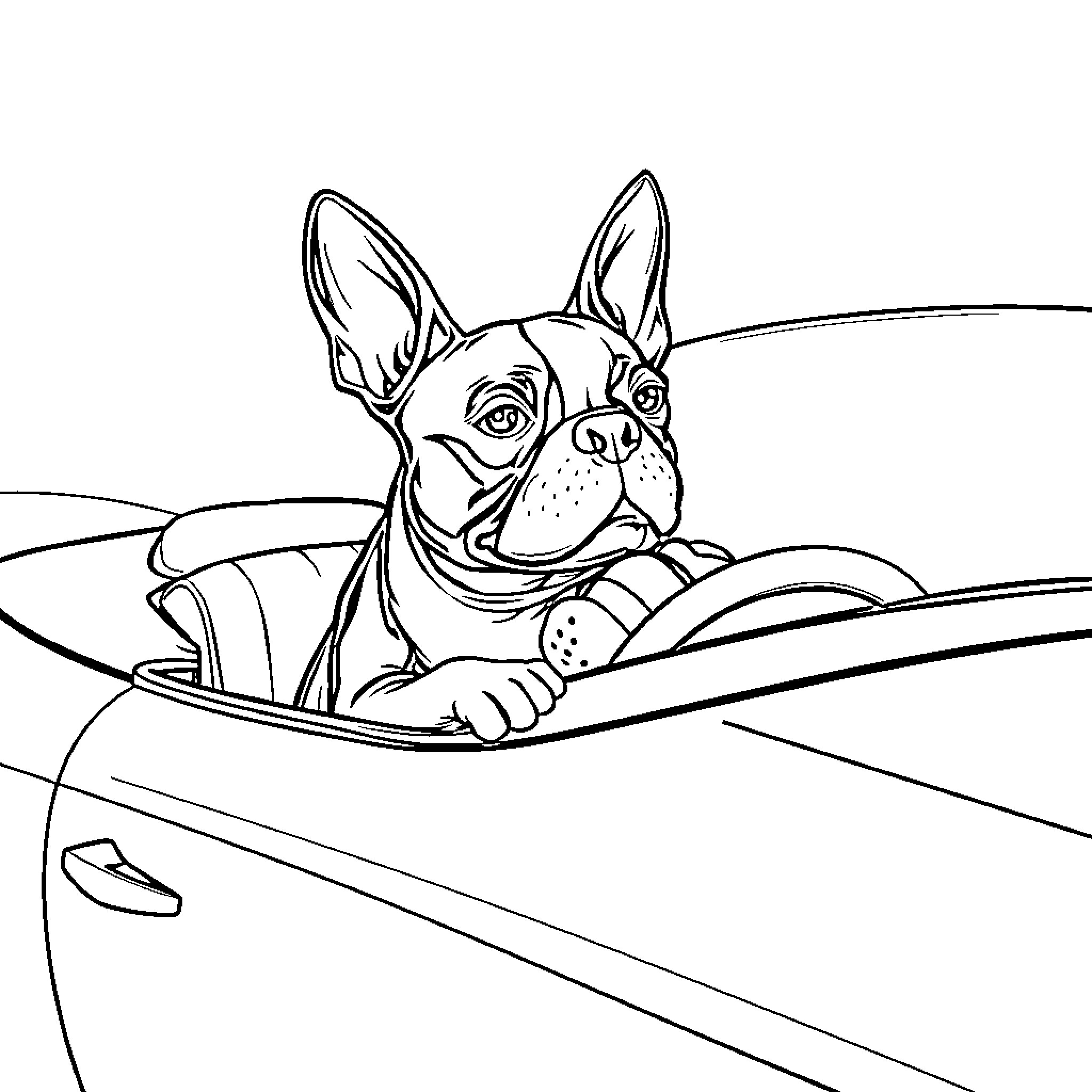 Boston Terrier riding in a car Coloring Page (free black-and-white line drawing printable PDF for all, from beginners to advanced learners, including children, teens, adults, and seniors)