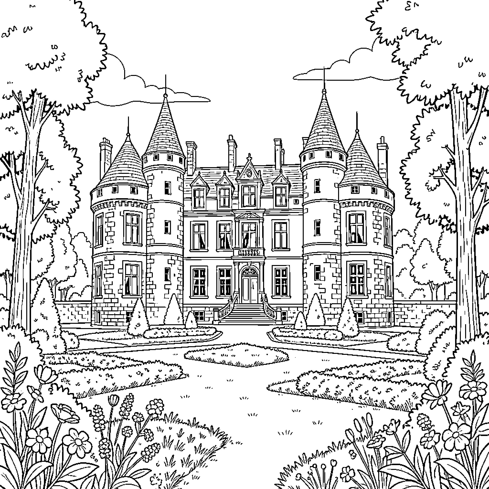 Château standing majestically amidst lush gardens and trees Coloring Page (free black-and-white line drawing printable PDF for all, from beginners to advanced learners, including children, teens, adults, and seniors)