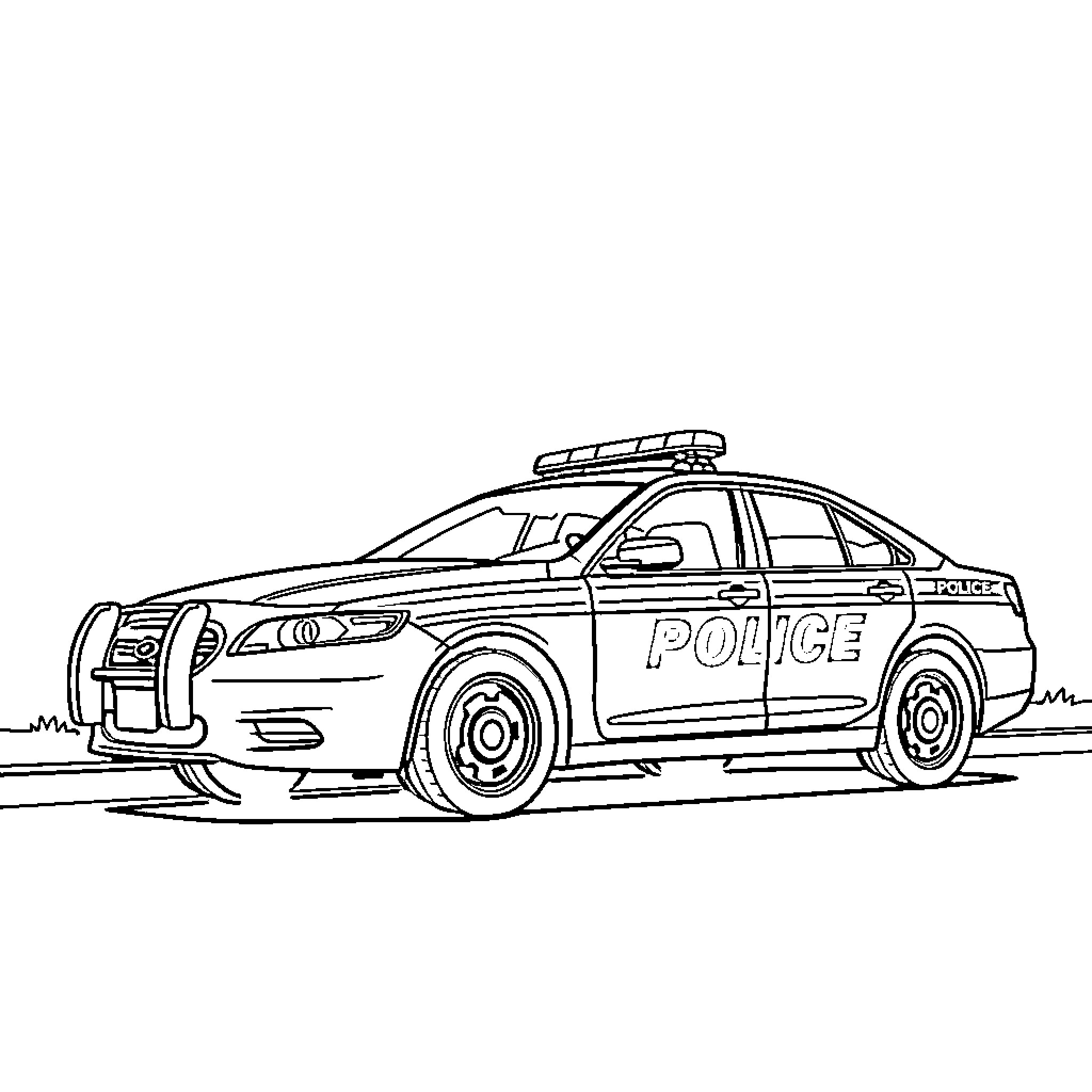 Police Car on Duty Patrolling the Streets Coloring Page (free black-and-white line drawing printable PDF for all, from beginners to advanced learners, including children, teens, adults, and seniors)