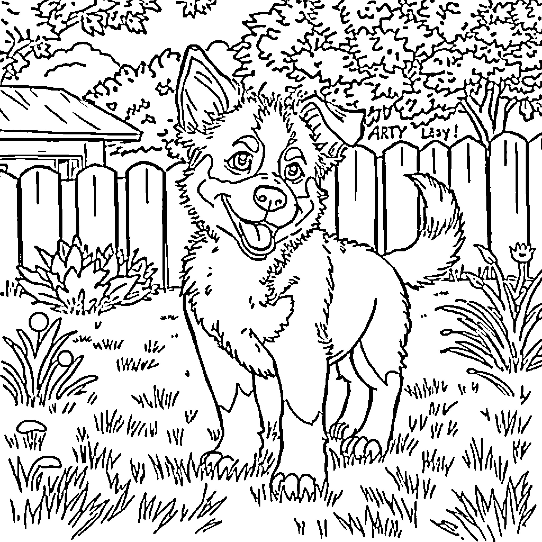 Bluey enjoying a party in the backyard Coloring Page (free black-and-white line drawing printable PDF for all, from beginners to advanced learners, including children, teens, adults, and seniors)