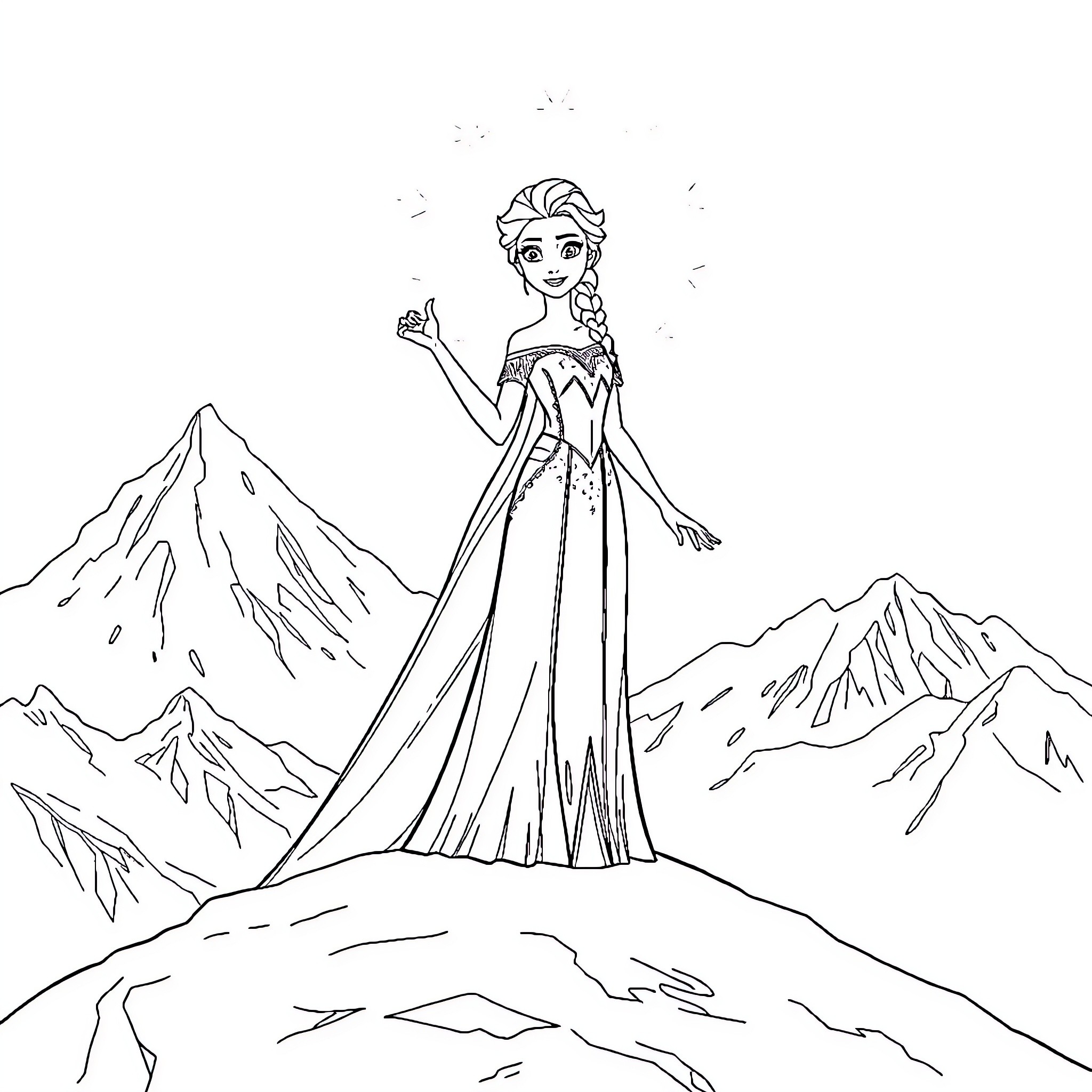 Elsa in winter wonderland with mountains Coloring Page (free black-and-white line drawing printable PDF for all, from beginners to advanced learners, including children, teens, adults, and seniors)