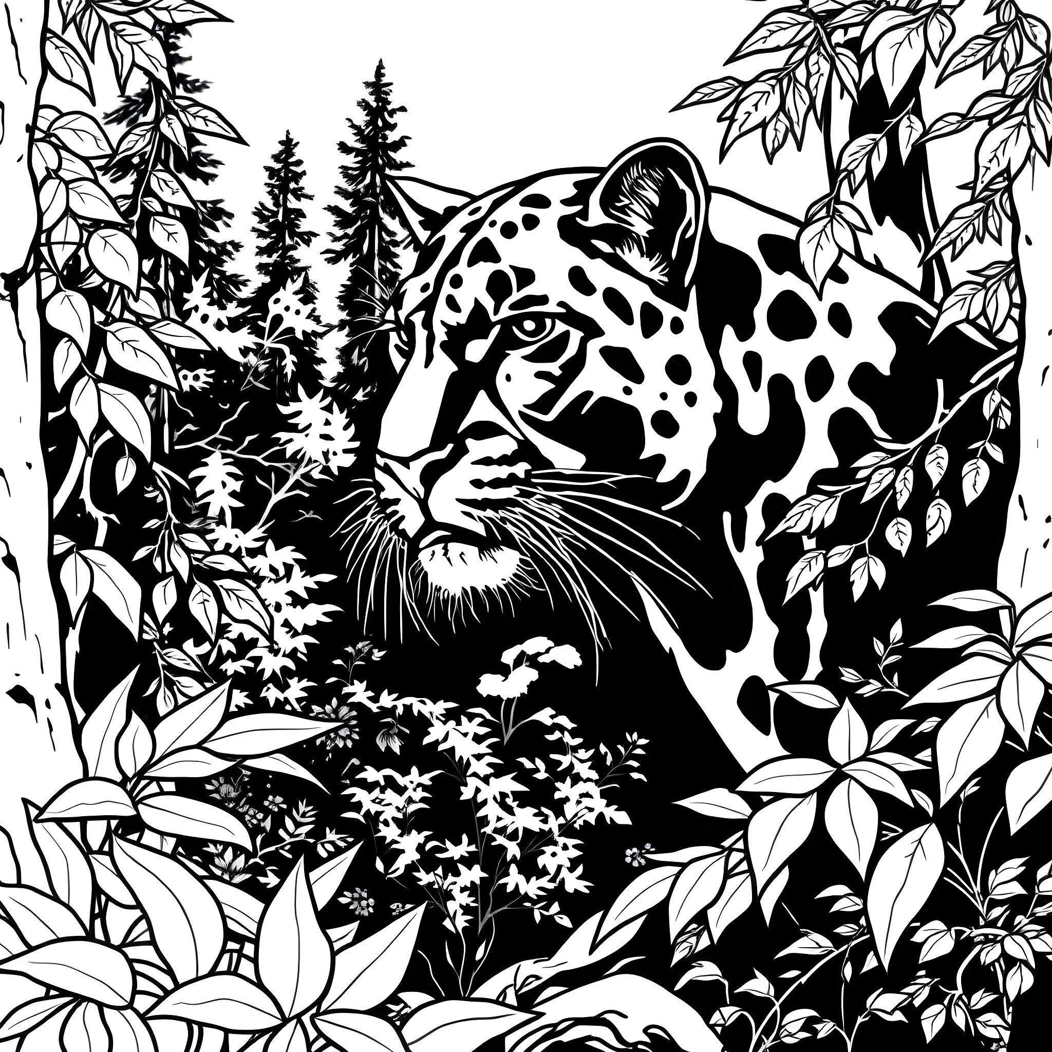 Panther stalking through the lush jungle foliage Coloring Page (free black-and-white line drawing printable PDF for all, from beginners to advanced learners, including children, teens, adults, and seniors)