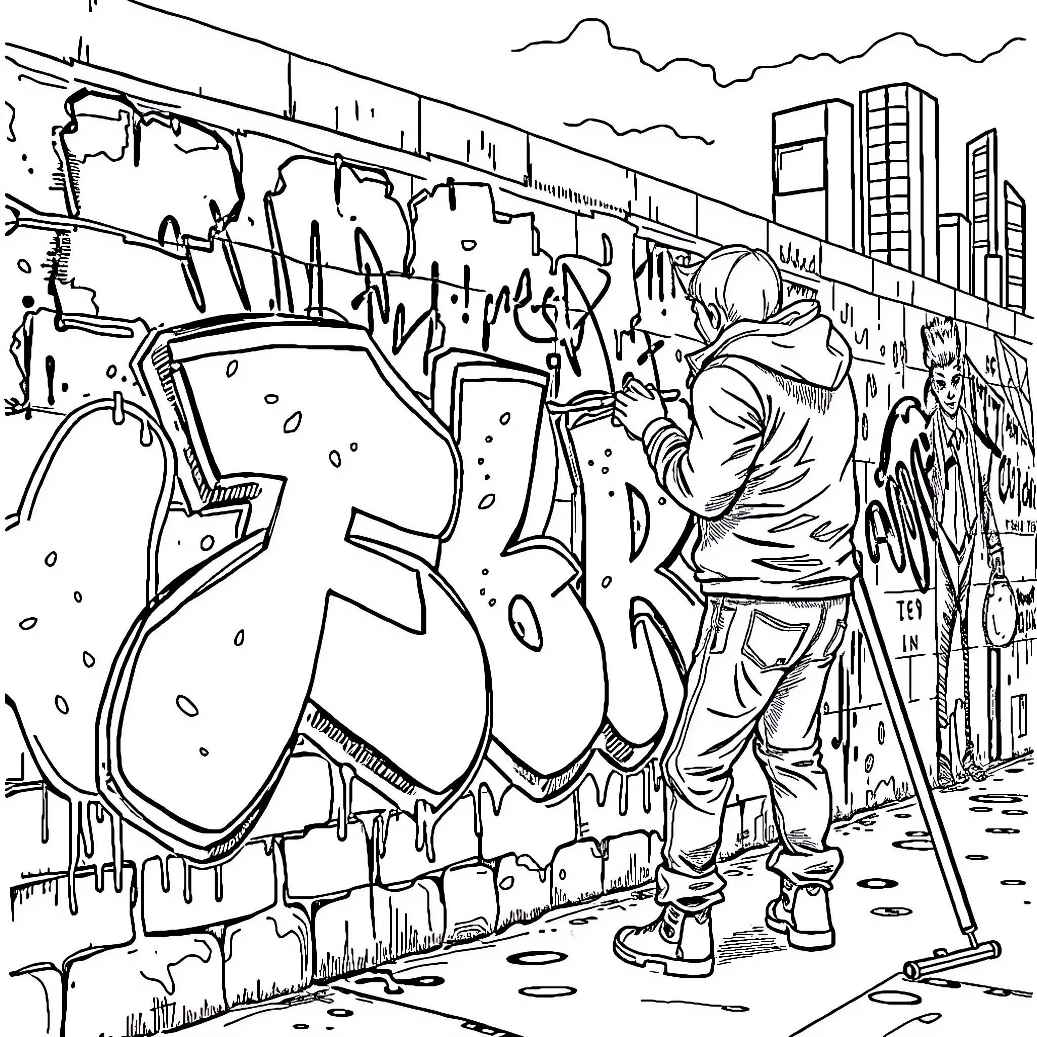 Graffiti artist creating urban mural in alley Coloring Page (free black-and-white line drawing printable PDF for all, from beginners to advanced learners, including children, teens, adults, and seniors)