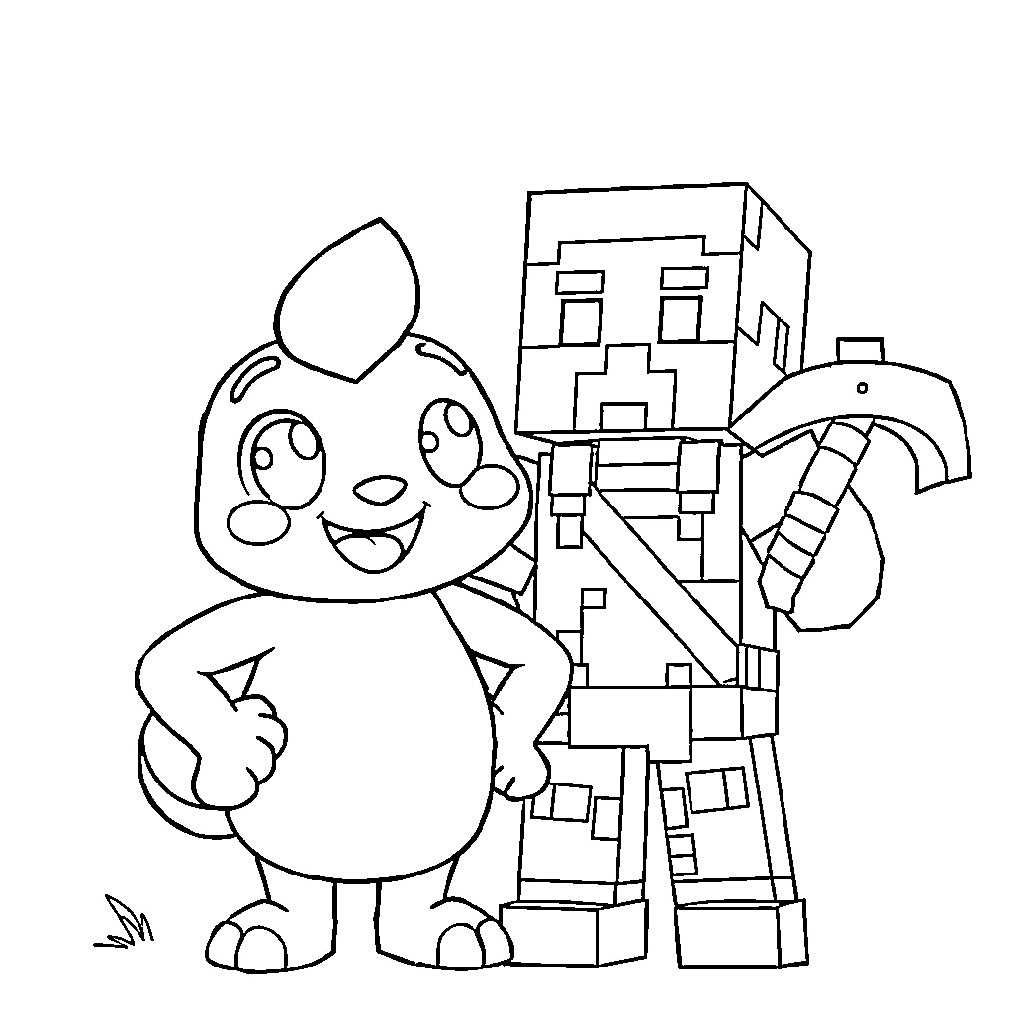Steve playing with his robot friend Coloring Page (free black-and-white line drawing printable PDF for all, from beginners to advanced learners, including children, teens, adults, and seniors)
