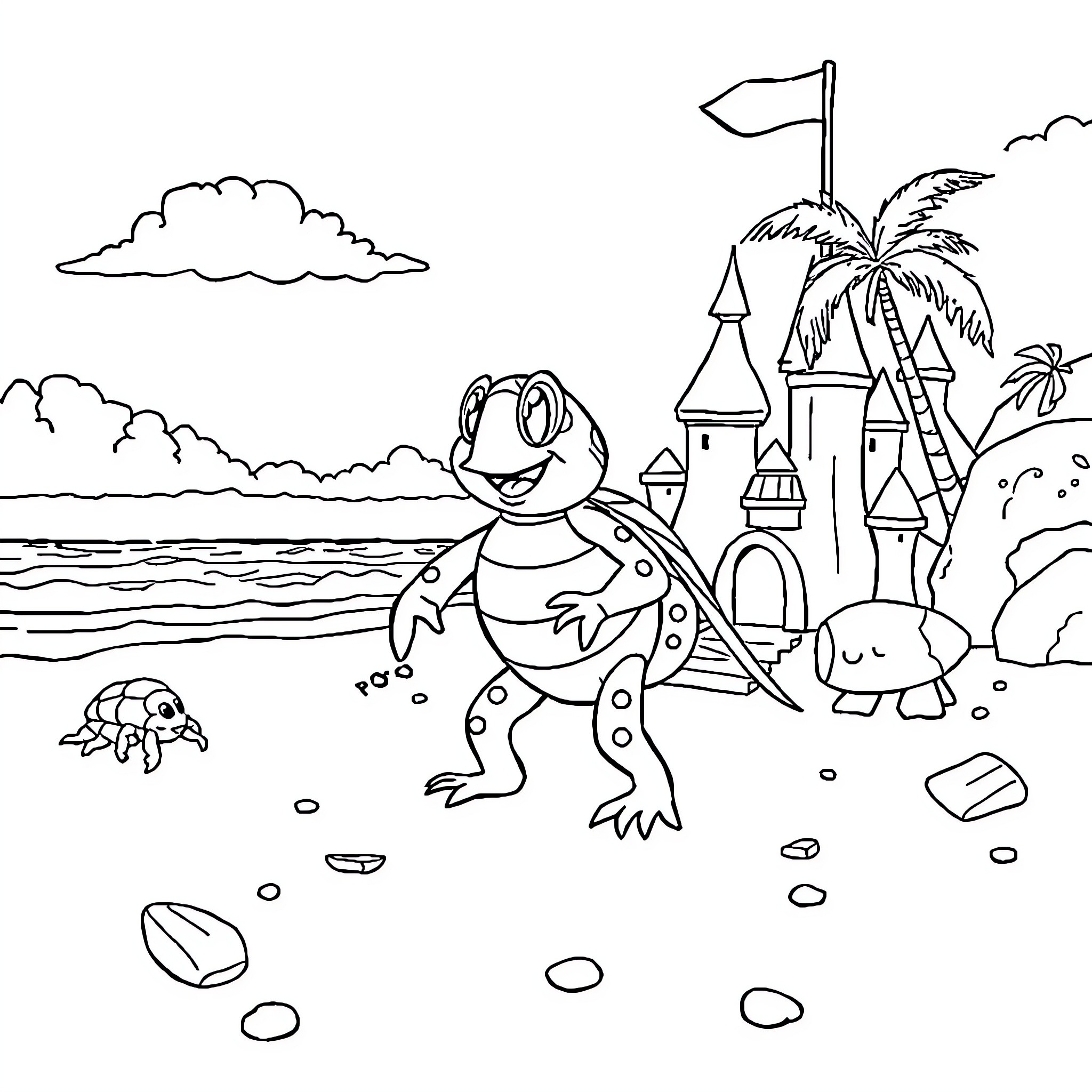 Pat Patrol: Frog Adventurer Explores Tropical Island Coloring Page (free black-and-white line drawing printable PDF for all, from beginners to advanced learners, including children, teens, adults, and seniors)