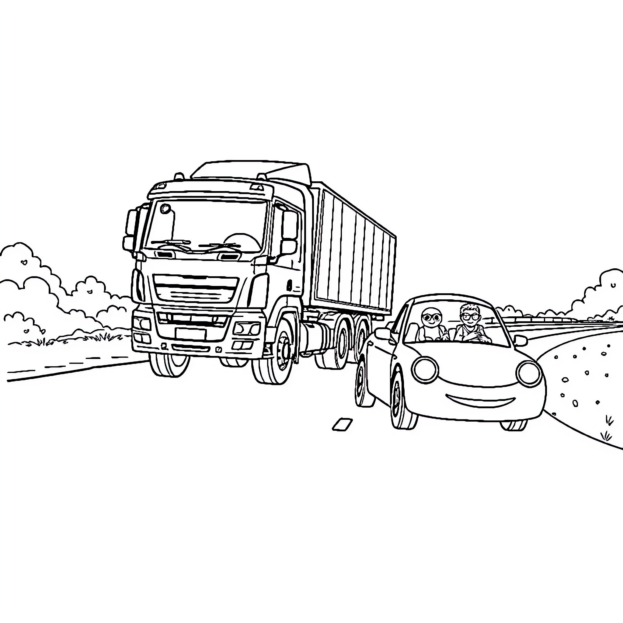 Truck on the road with cars and landscape Coloring Page (free black-and-white line drawing printable PDF for all, from beginners to advanced learners, including children, teens, adults, and seniors)