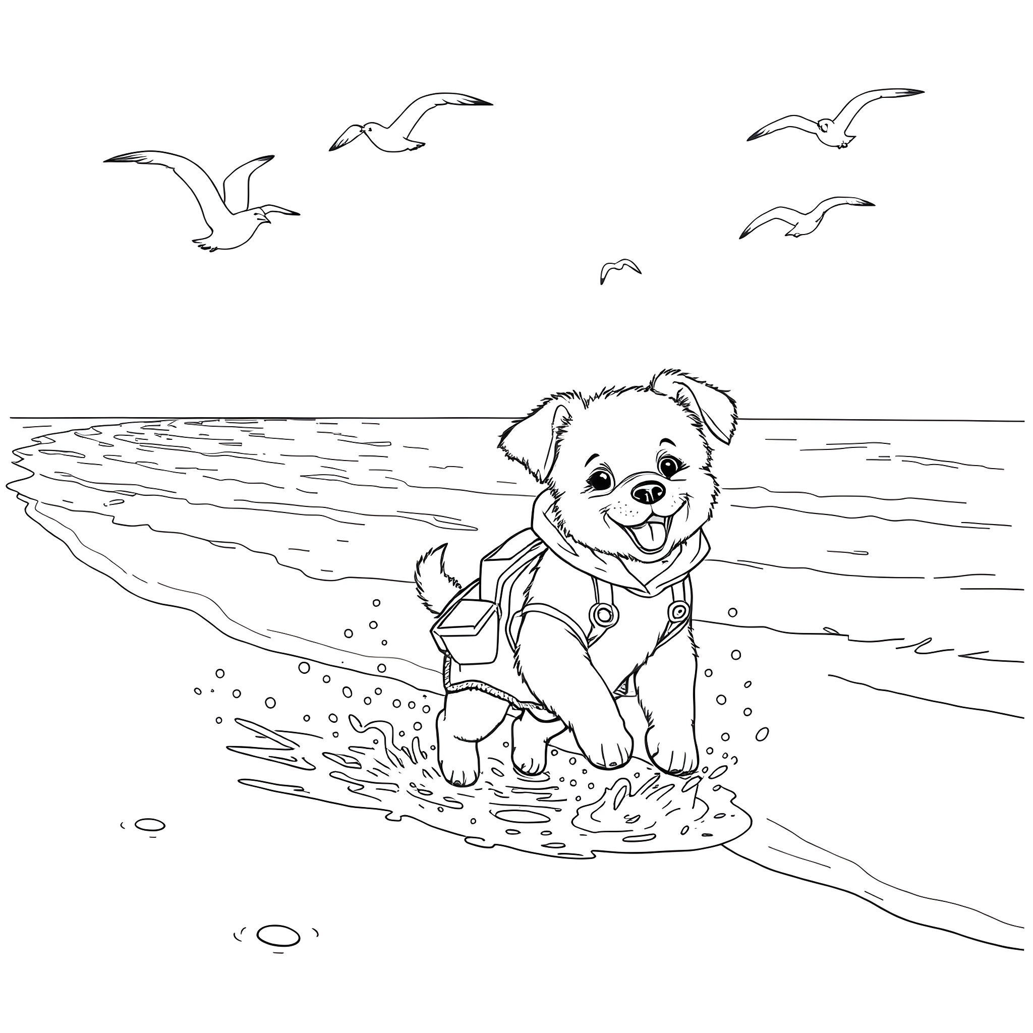 Puppy playing happily on the beach Coloring Page (free black-and-white line drawing printable PDF for all, from beginners to advanced learners, including children, teens, adults, and seniors)