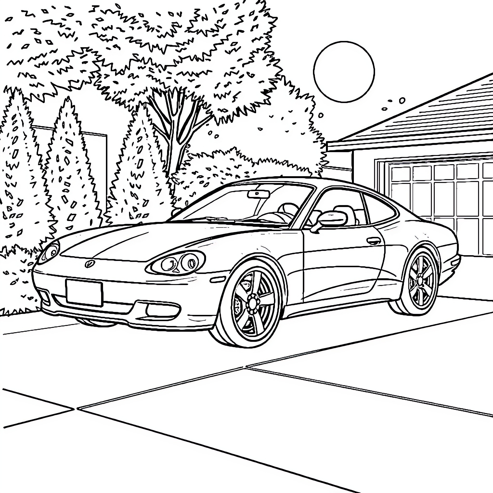 Car parked in front of house with trees Coloring Page (free black-and-white line drawing printable PDF for all, from beginners to advanced learners, including children, teens, adults, and seniors)
