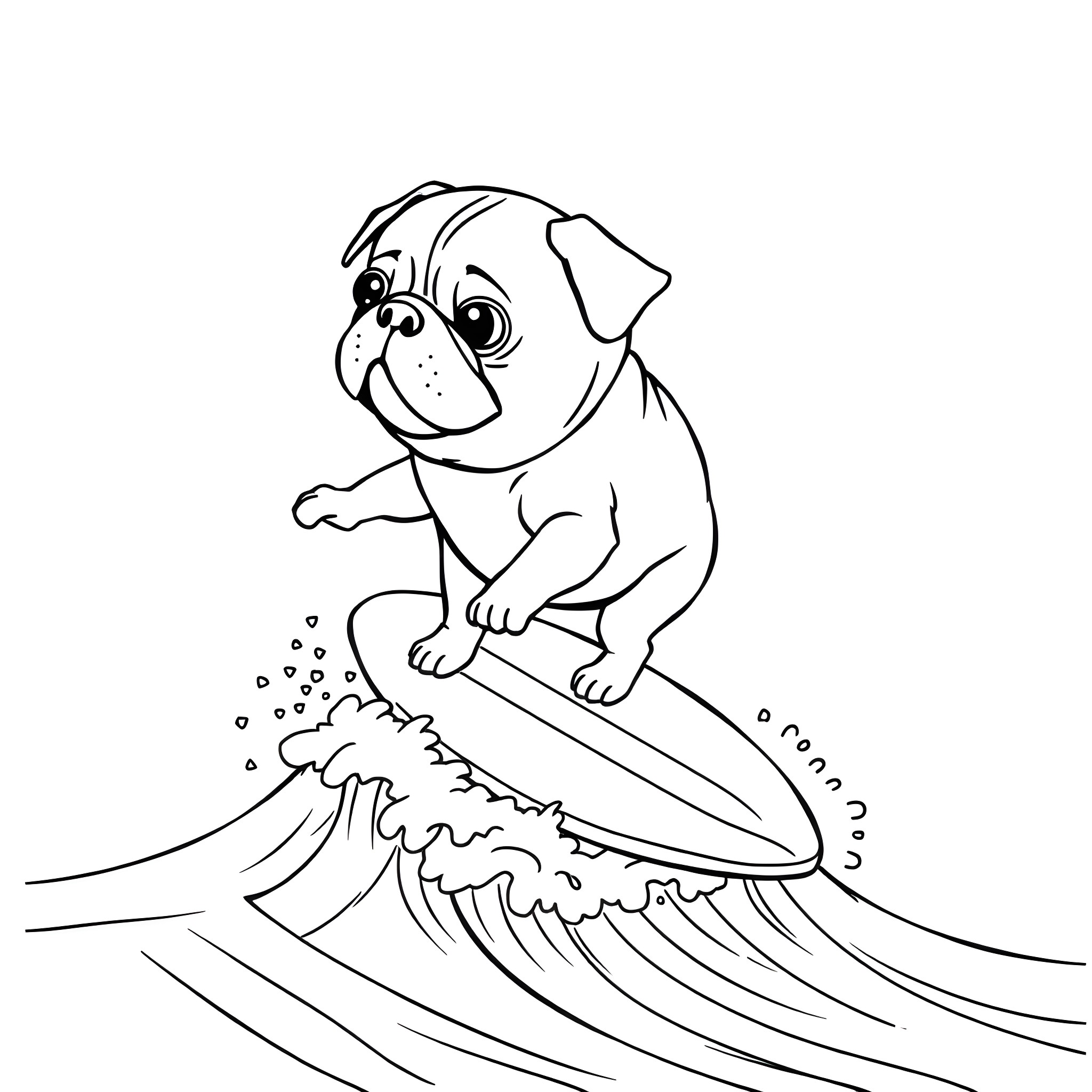 Pug riding a surfboard on the waves Coloring Page (free black-and-white line drawing printable PDF for all, from beginners to advanced learners, including children, teens, adults, and seniors)
