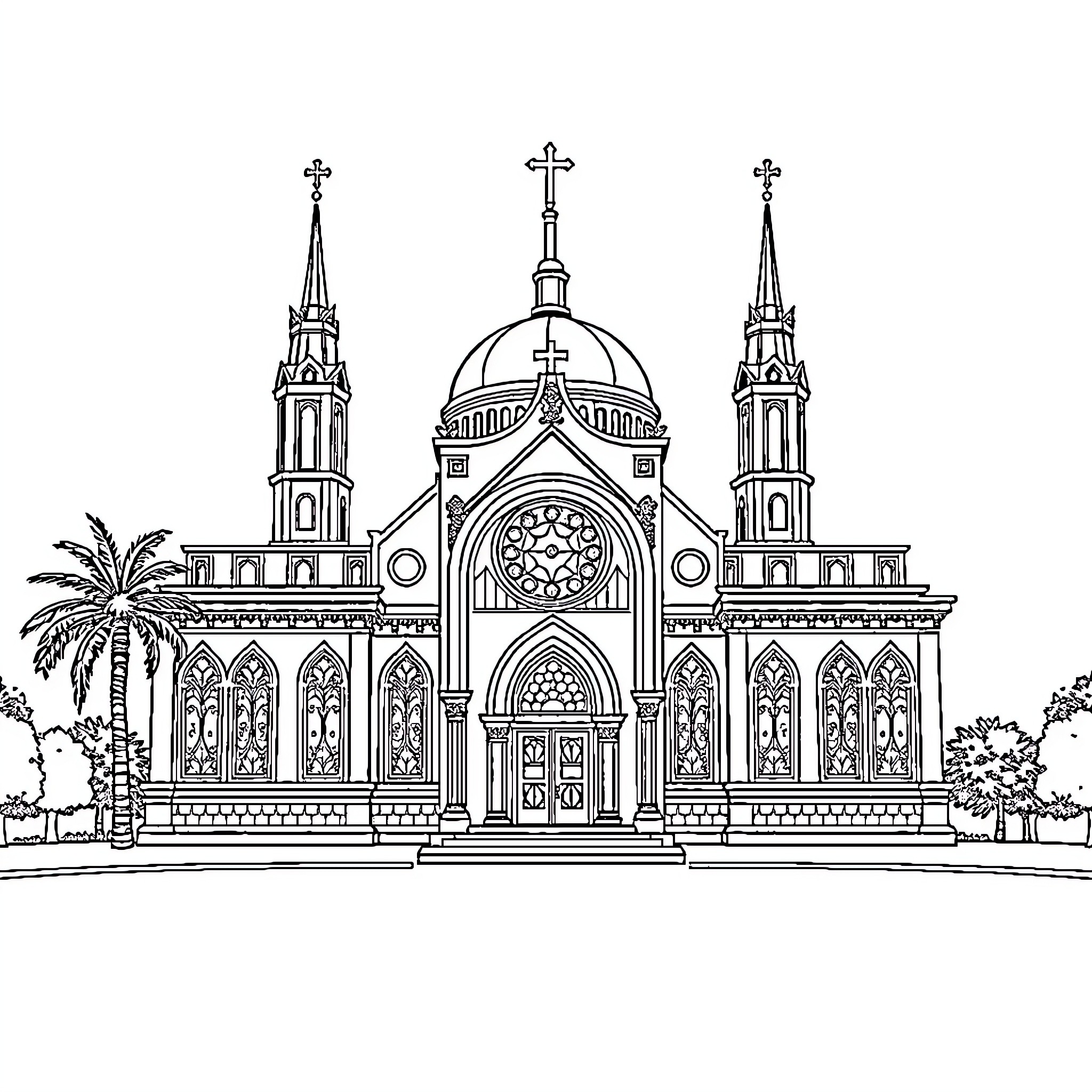 Matthew's Detailed Cathedral with Ornate Architecture Coloring Page (free black-and-white line drawing printable PDF for all, from beginners to advanced learners, including children, teens, adults, and seniors)