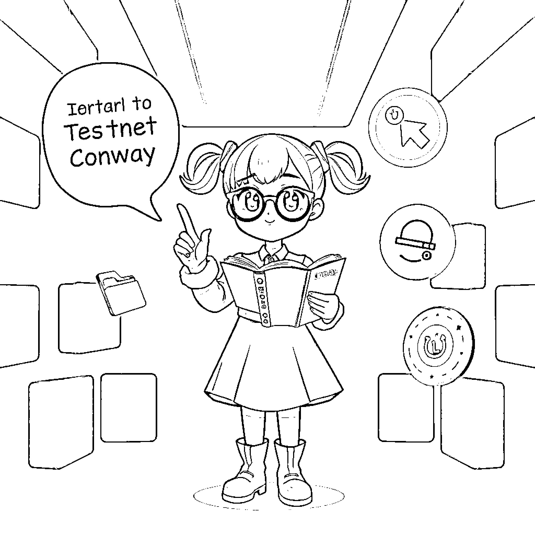 Female Character Reading Book with Tech Icons Coloring Page (free black-and-white line drawing printable PDF for all, from beginners to advanced learners, including children, teens, adults, and seniors)