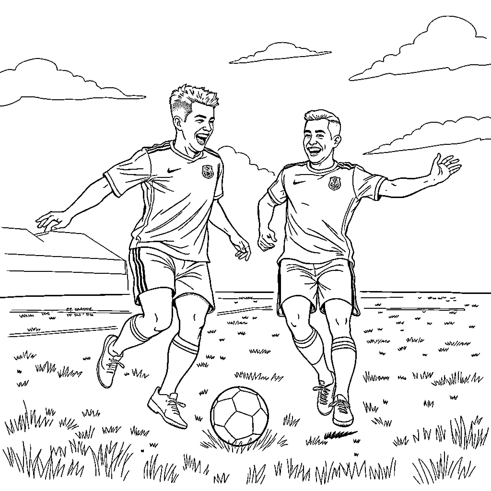 Alvaro Uribe Playing Soccer with a Teammate Coloring Page (free black-and-white line drawing printable PDF for all, from beginners to advanced learners, including children, teens, adults, and seniors)
