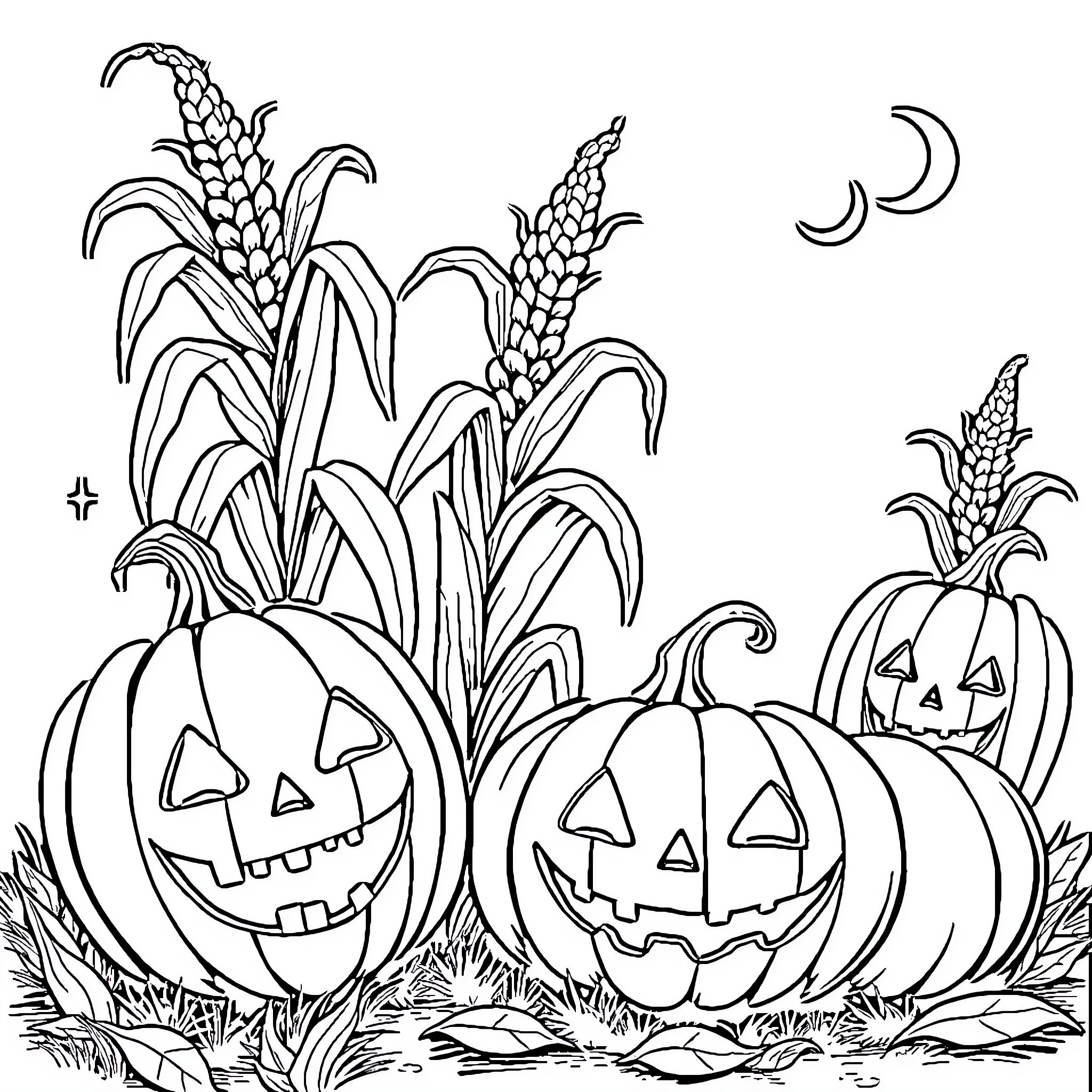 Pumpkin Patch with Carved Jack-o'-Lanterns Coloring Page (free black-and-white line drawing printable PDF for all, from beginners to advanced learners, including children, teens, adults, and seniors)
