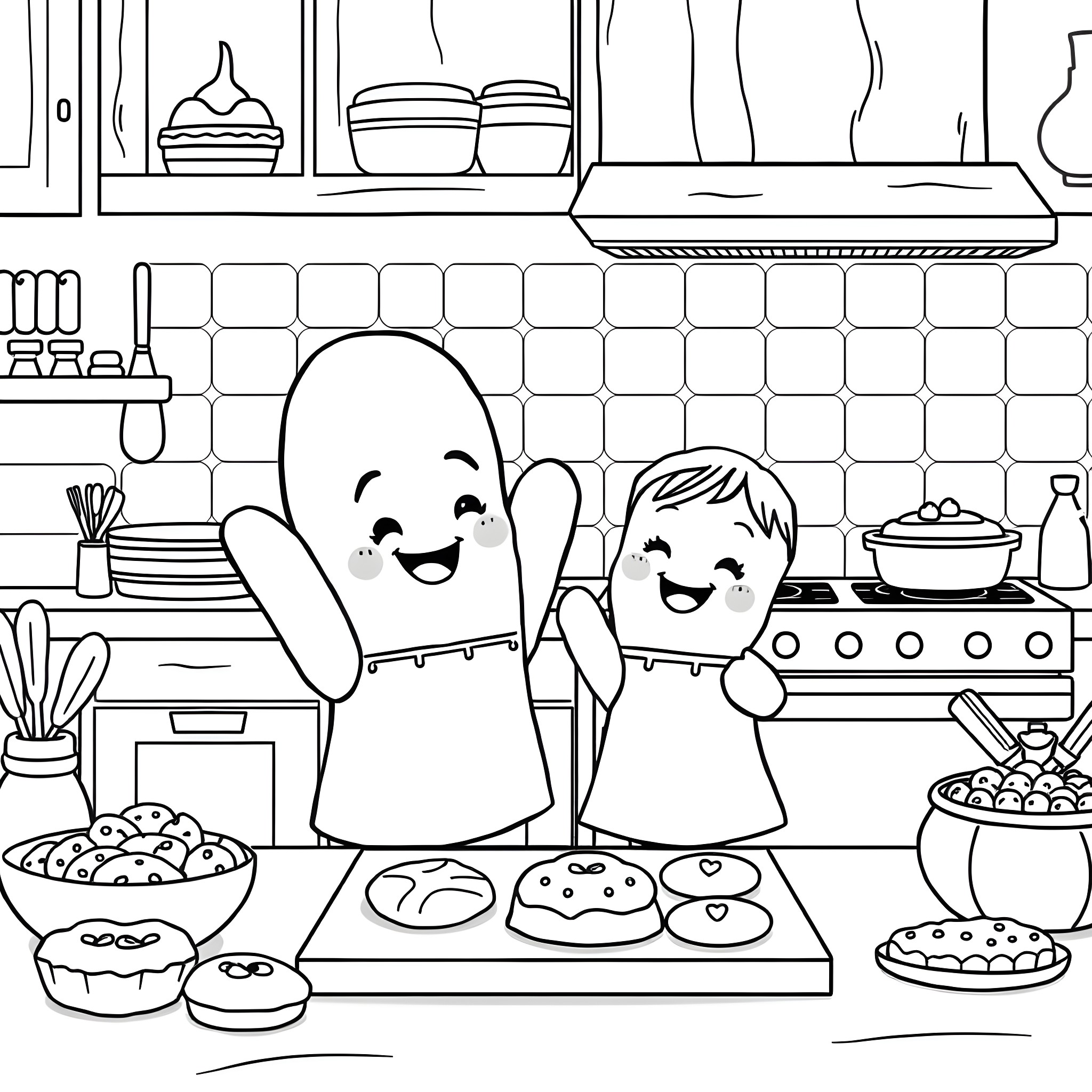 Oven Mitten Characters Baking in the Kitchen Coloring Page (free black-and-white line drawing printable PDF for all, from beginners to advanced learners, including children, teens, adults, and seniors)