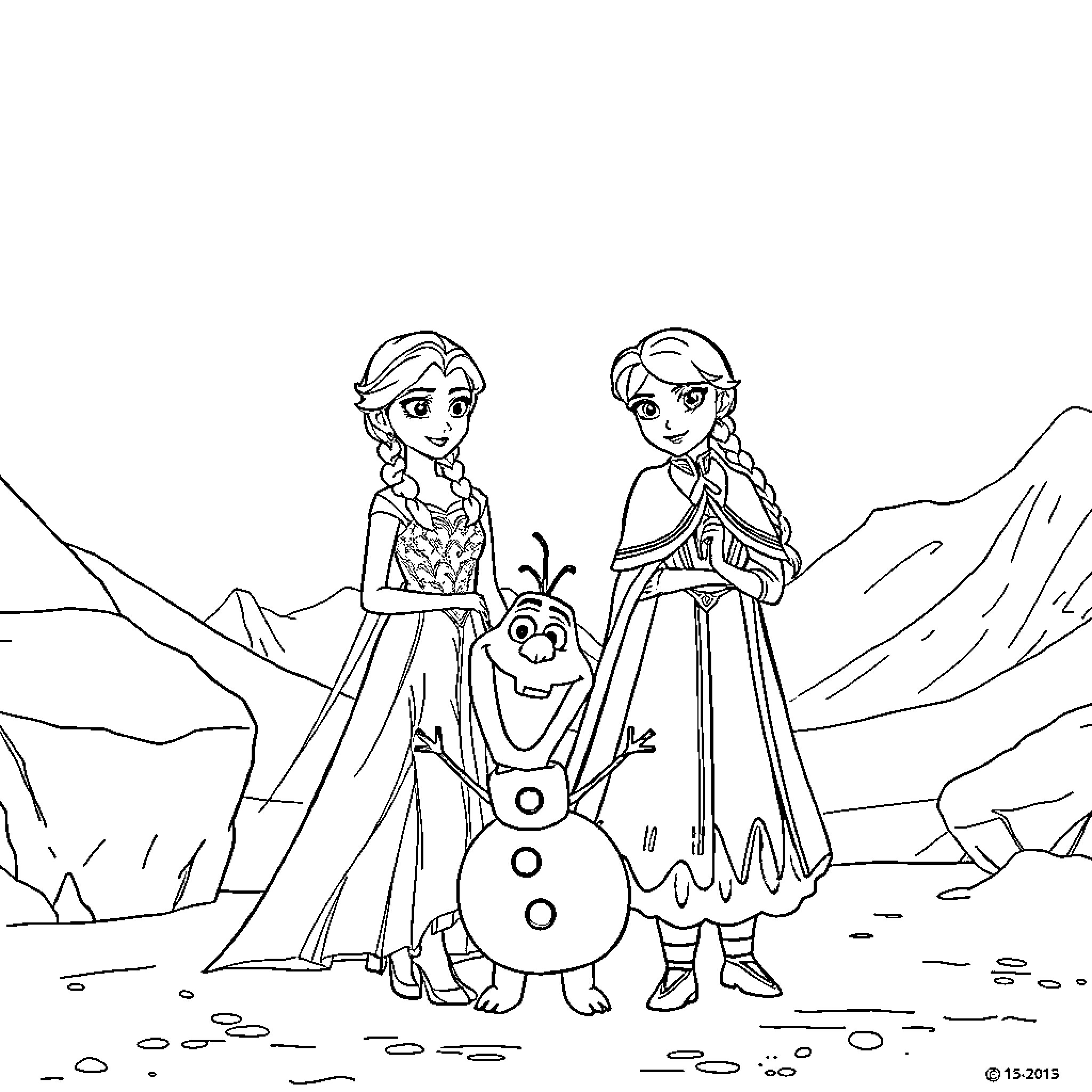 Elsa and Anna playing with Olaf in the mountains Coloring Page (free black-and-white line drawing printable PDF for all, from beginners to advanced learners, including children, teens, adults, and seniors)