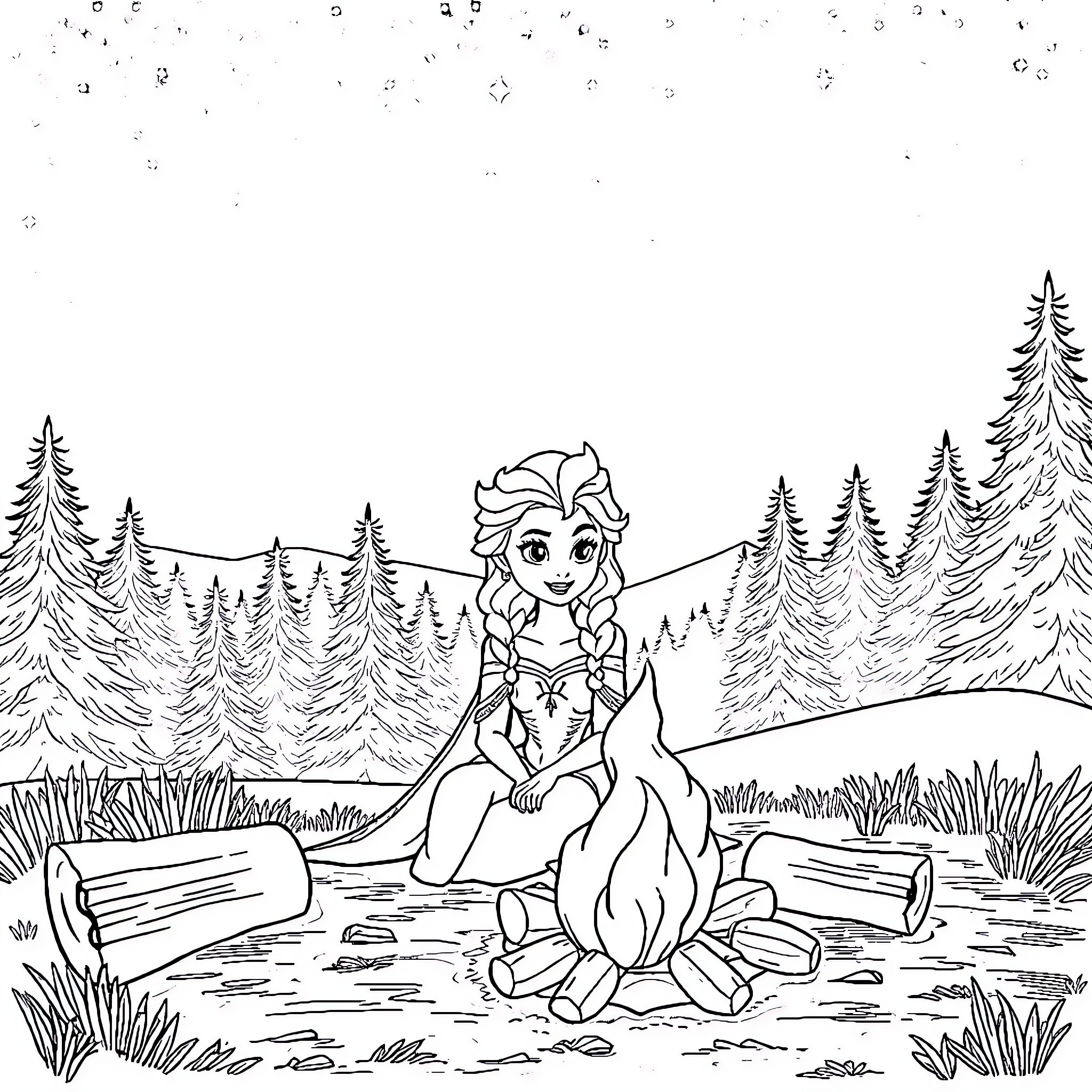 Elsa enjoying a peaceful moment in nature Coloring Page (free black-and-white line drawing printable PDF for all, from beginners to advanced learners, including children, teens, adults, and seniors)
