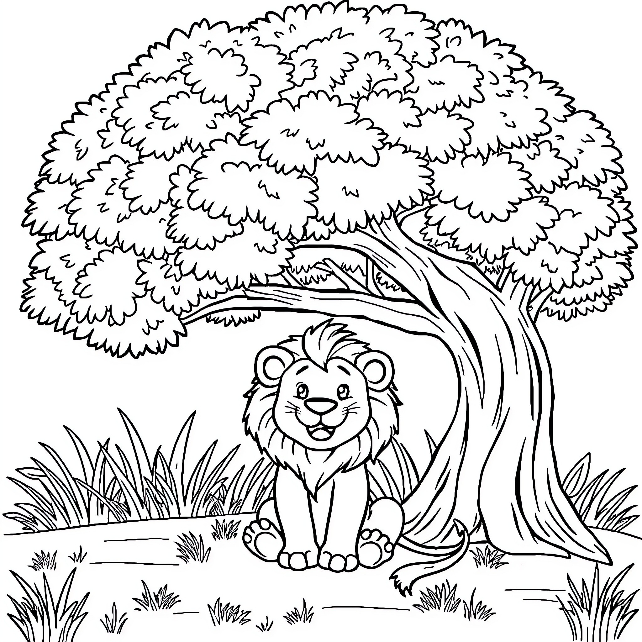 Lion resting peacefully under a shady tree Coloring Page (free black-and-white line drawing printable PDF for all, from beginners to advanced learners, including children, teens, adults, and seniors)