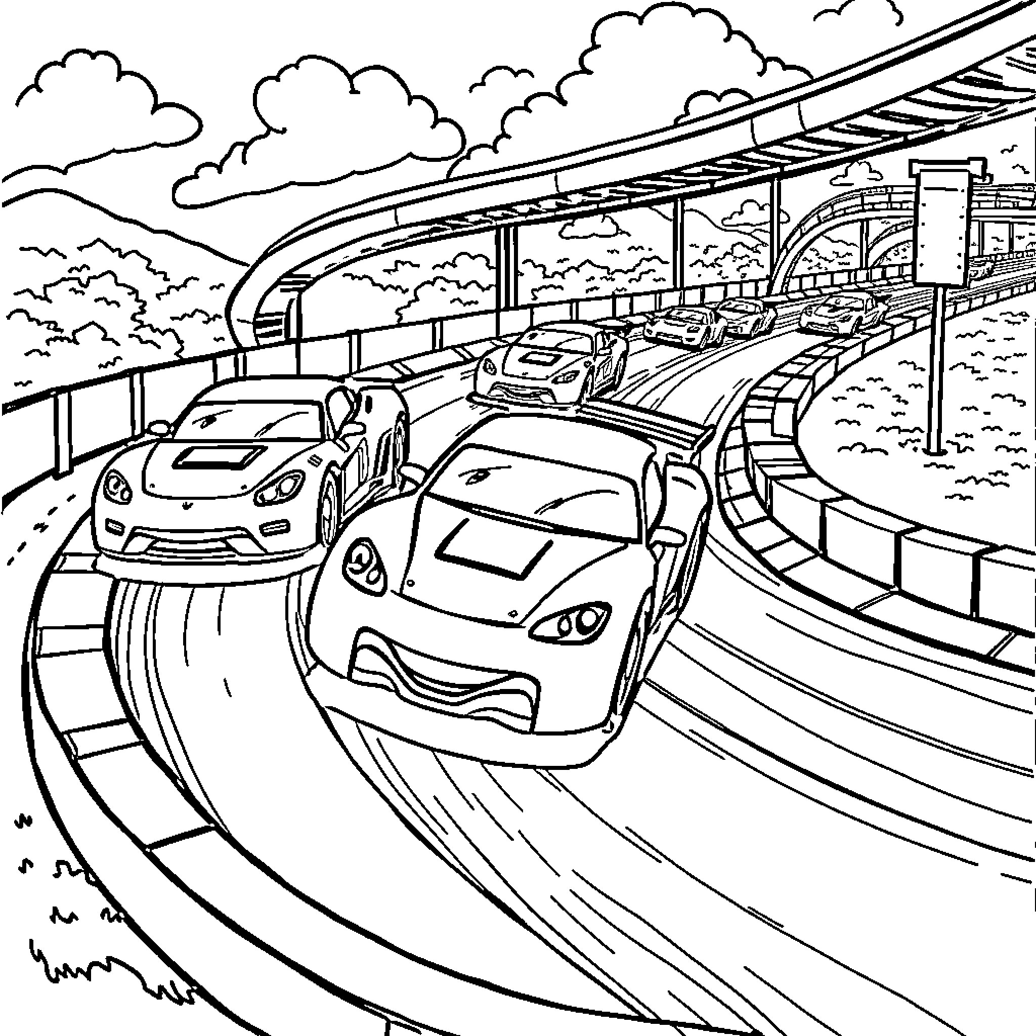 Car Racing on Winding Road Coloring Page (free black-and-white line drawing printable PDF for all, from beginners to advanced learners, including children, teens, adults, and seniors)