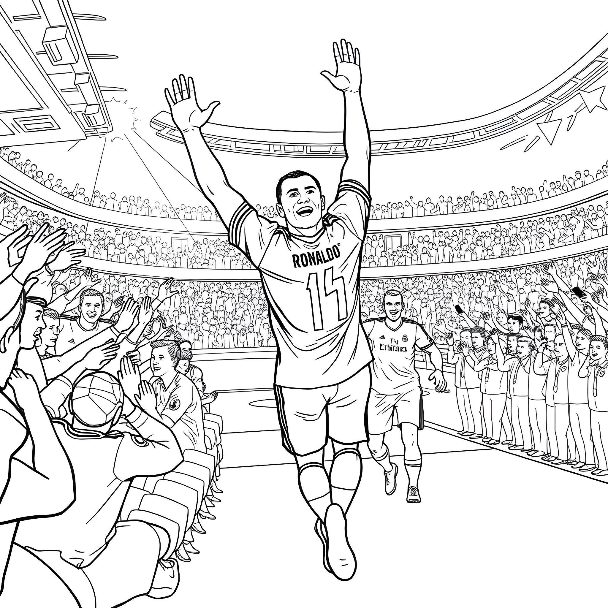Ronaldo celebrating victory in a soccer stadium Coloring Page (free black-and-white line drawing printable PDF for all, from beginners to advanced learners, including children, teens, adults, and seniors)