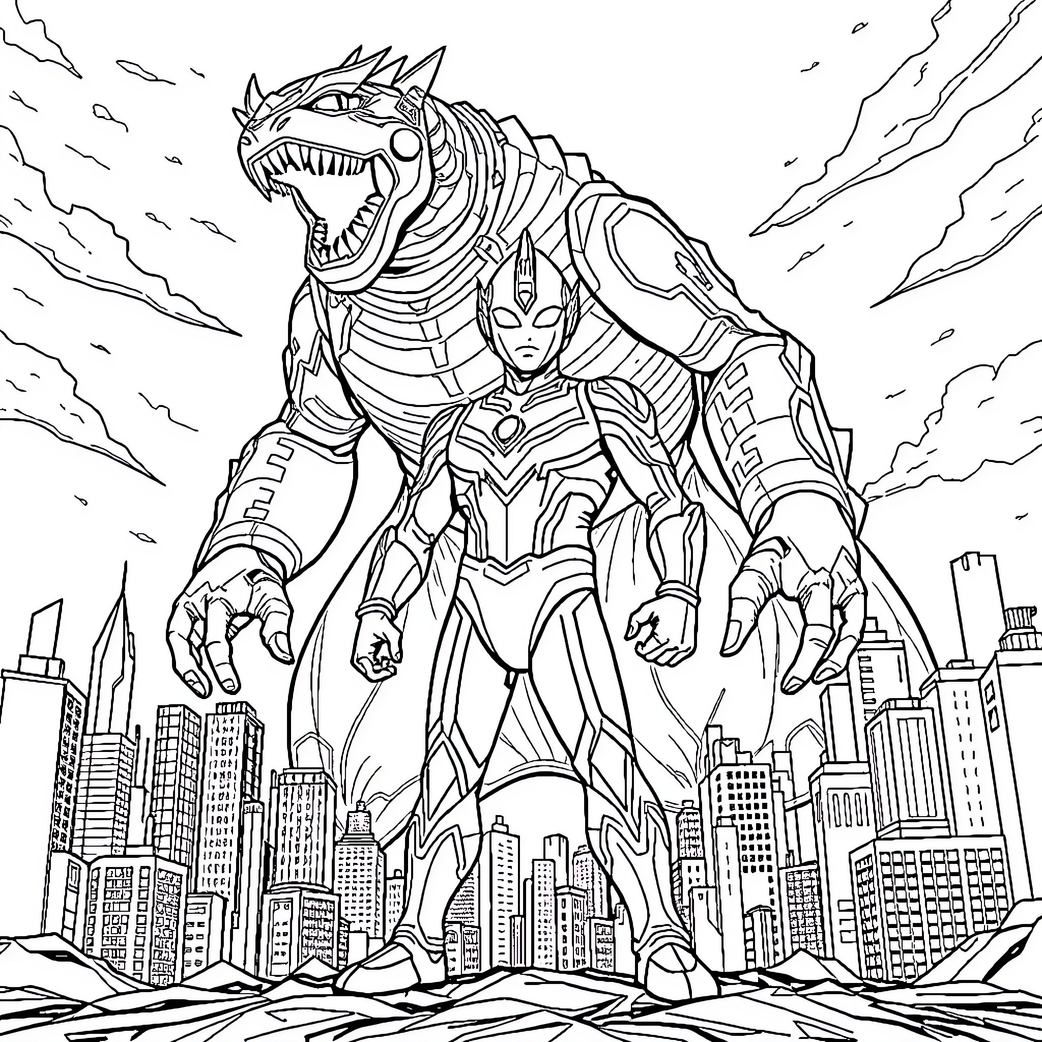 Ultraman battling a monstrous foe in the city Coloring Page (free black-and-white line drawing printable PDF for all, from beginners to advanced learners, including children, teens, adults, and seniors)