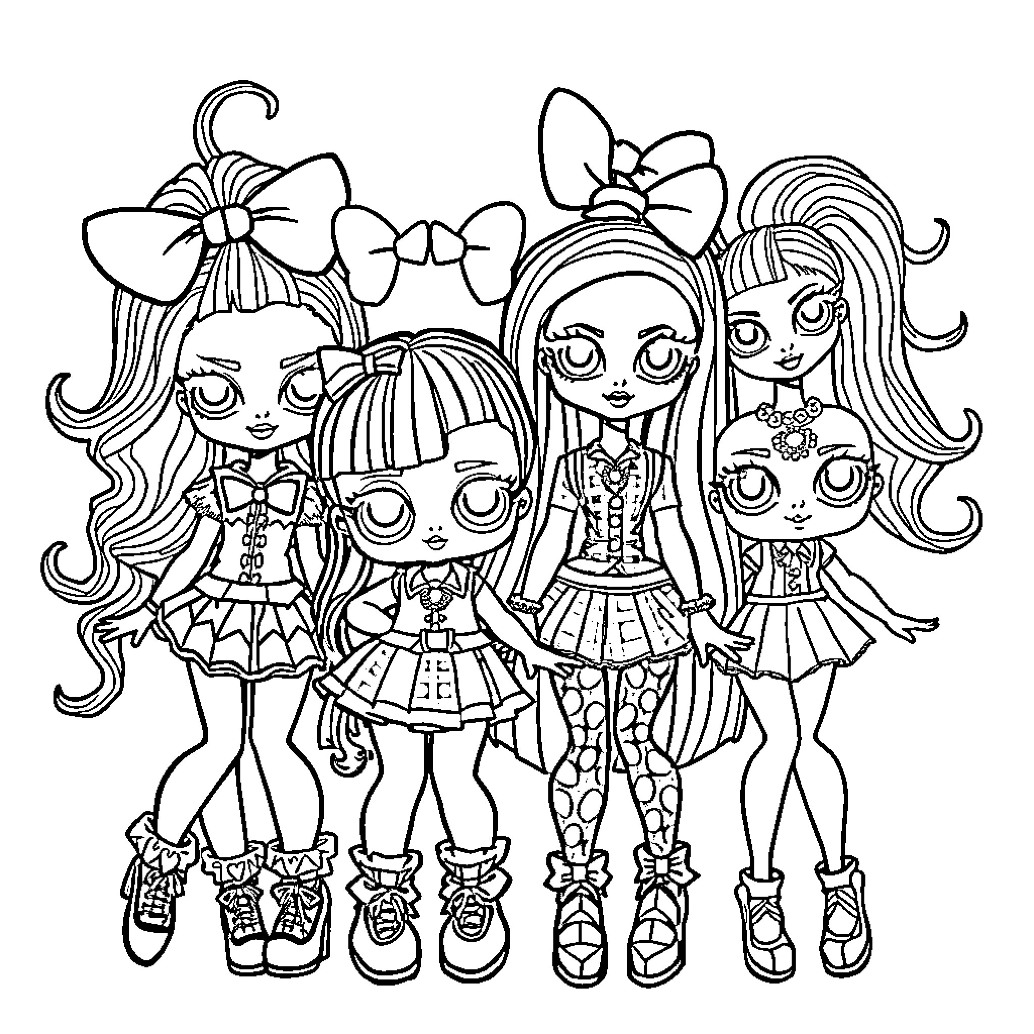 Doll Girls in Fashionable Outfits and Poses Coloring Page (free black-and-white line drawing printable PDF for all, from beginners to advanced learners, including children, teens, adults, and seniors)