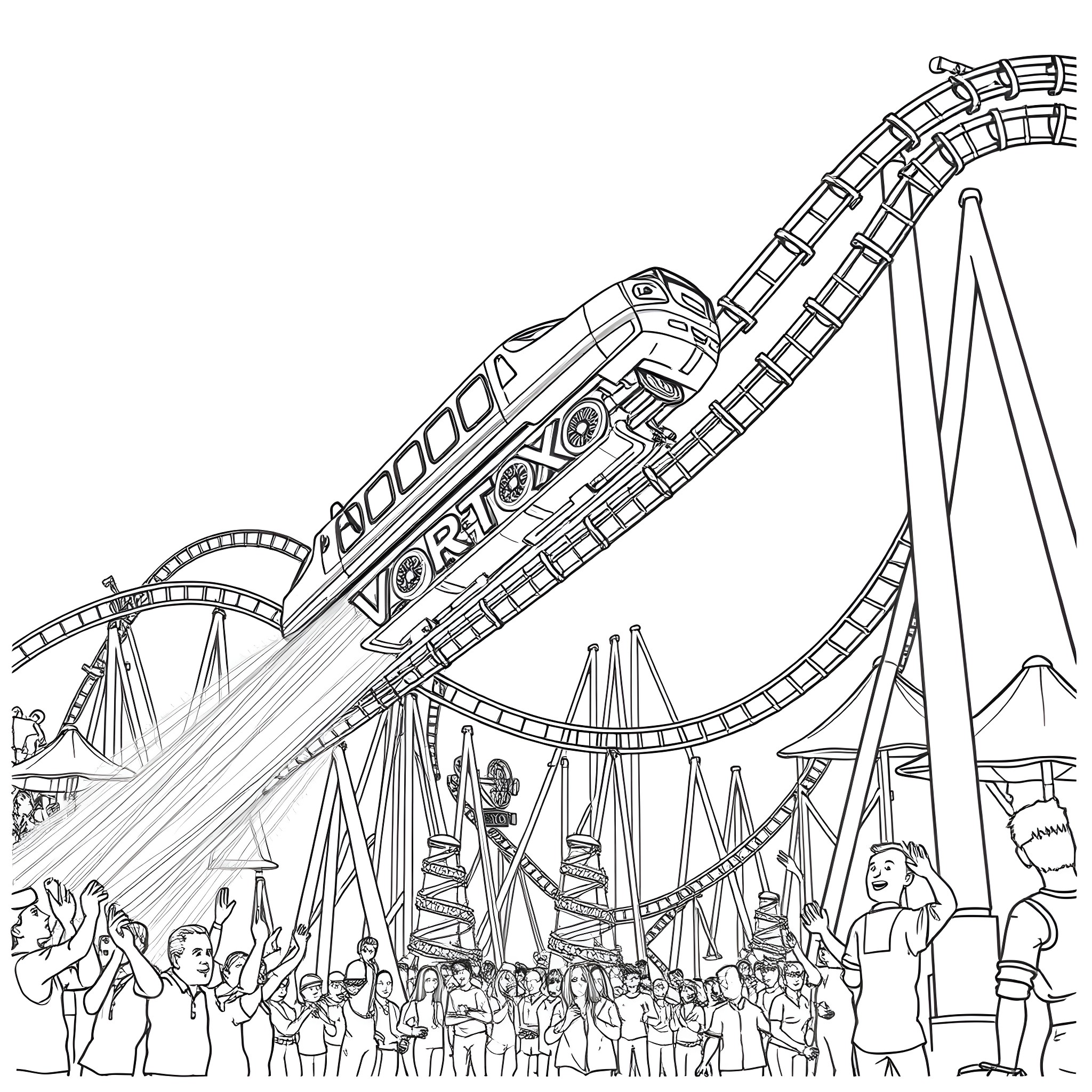 Vortex of roller coaster excitement at the carnival Coloring Page (free black-and-white line drawing printable PDF for all, from beginners to advanced learners, including children, teens, adults, and seniors)