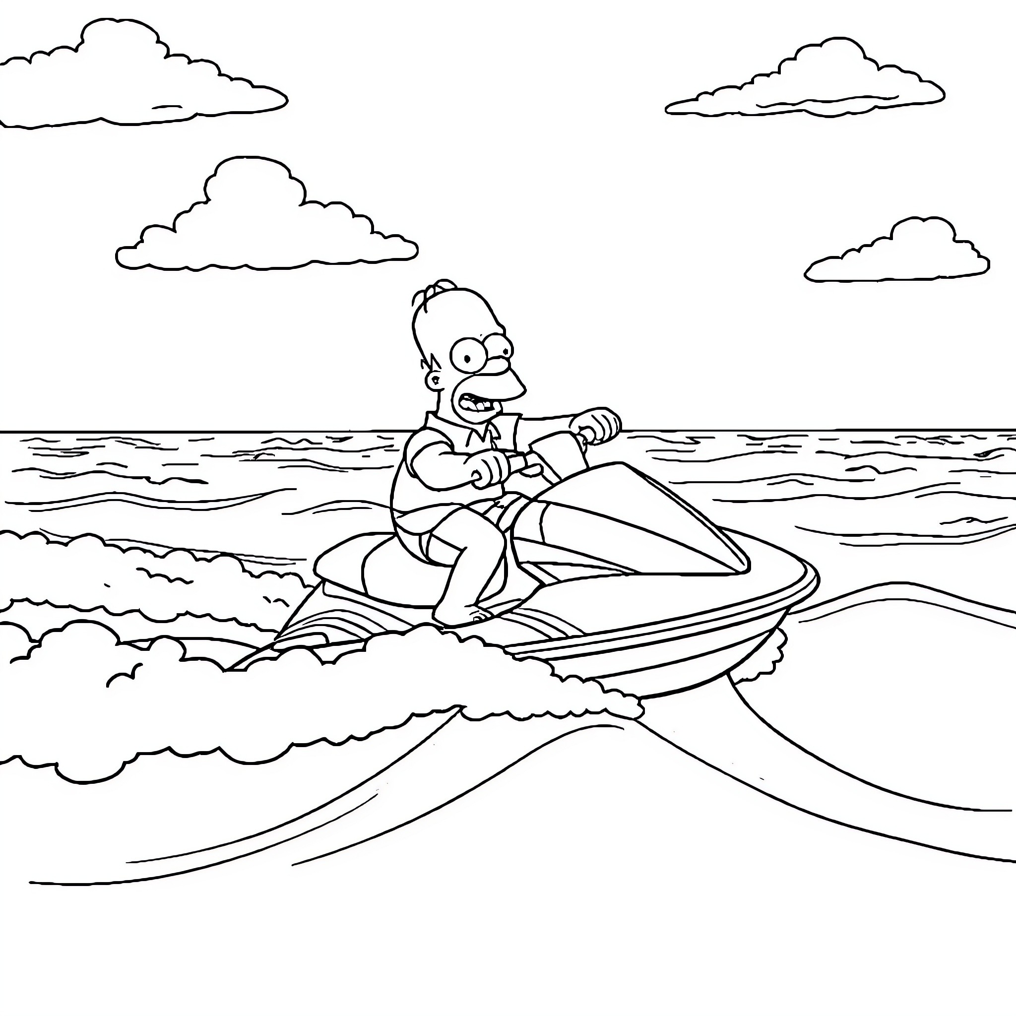Homer Simpson enjoying a jet ski ride on the waves Coloring Page (free black-and-white line drawing printable PDF for all, from beginners to advanced learners, including children, teens, adults, and seniors)