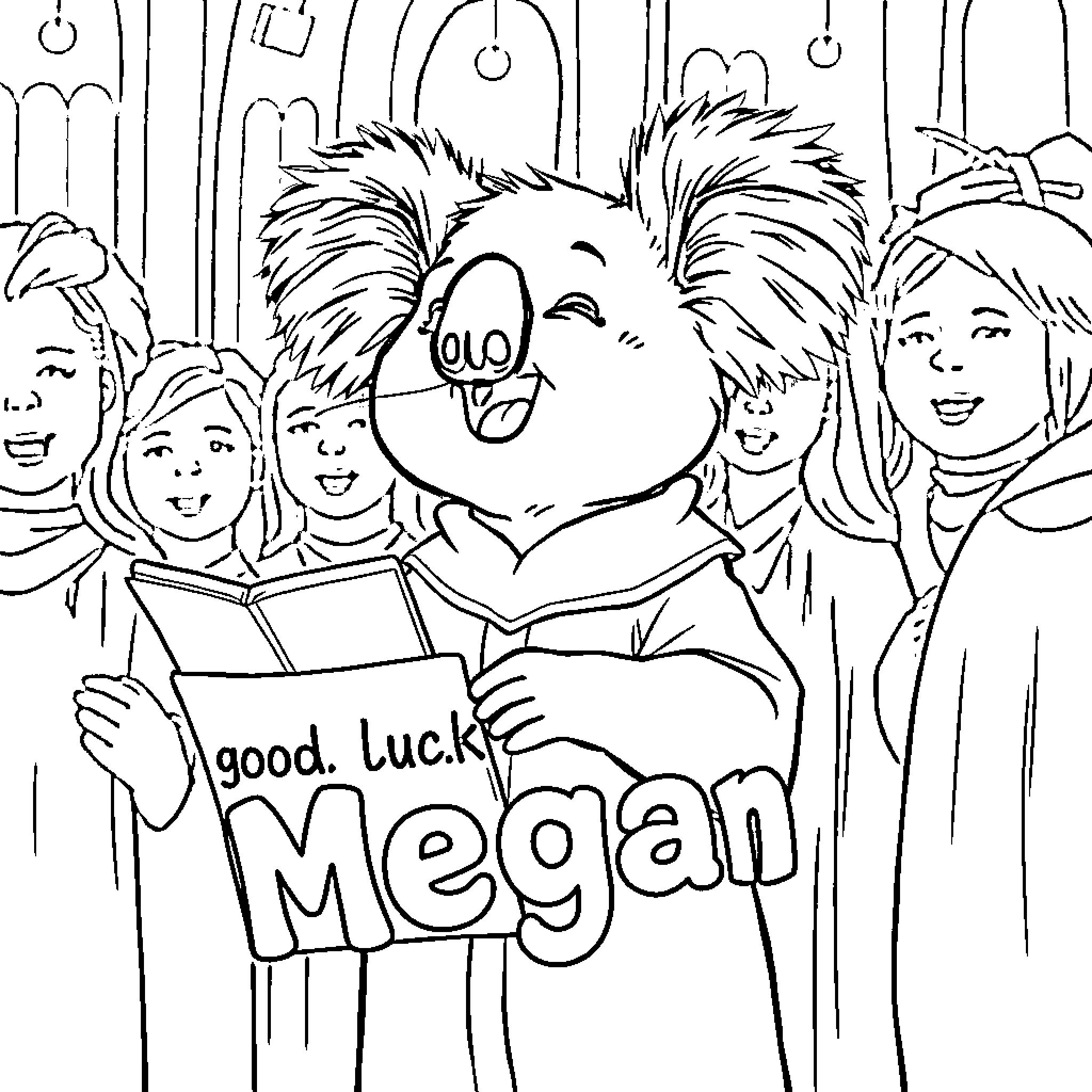 Koala character with friends at a party Coloring Page (free black-and-white line drawing printable PDF for all, from beginners to advanced learners, including children, teens, adults, and seniors)
