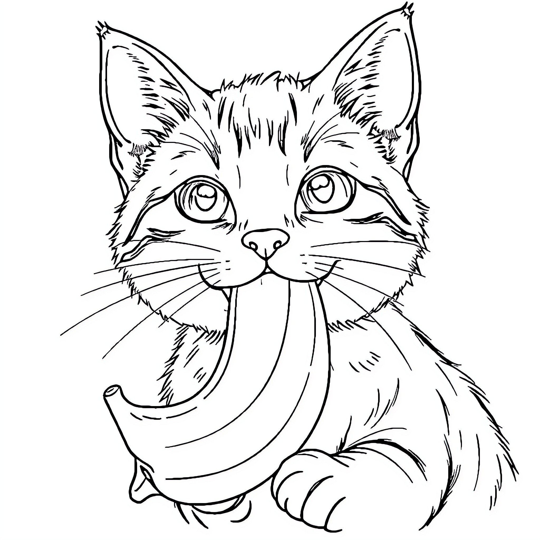 Cat with alert expression Coloring Page (free black-and-white line drawing printable PDF for all, from beginners to advanced learners, including children, teens, adults, and seniors)