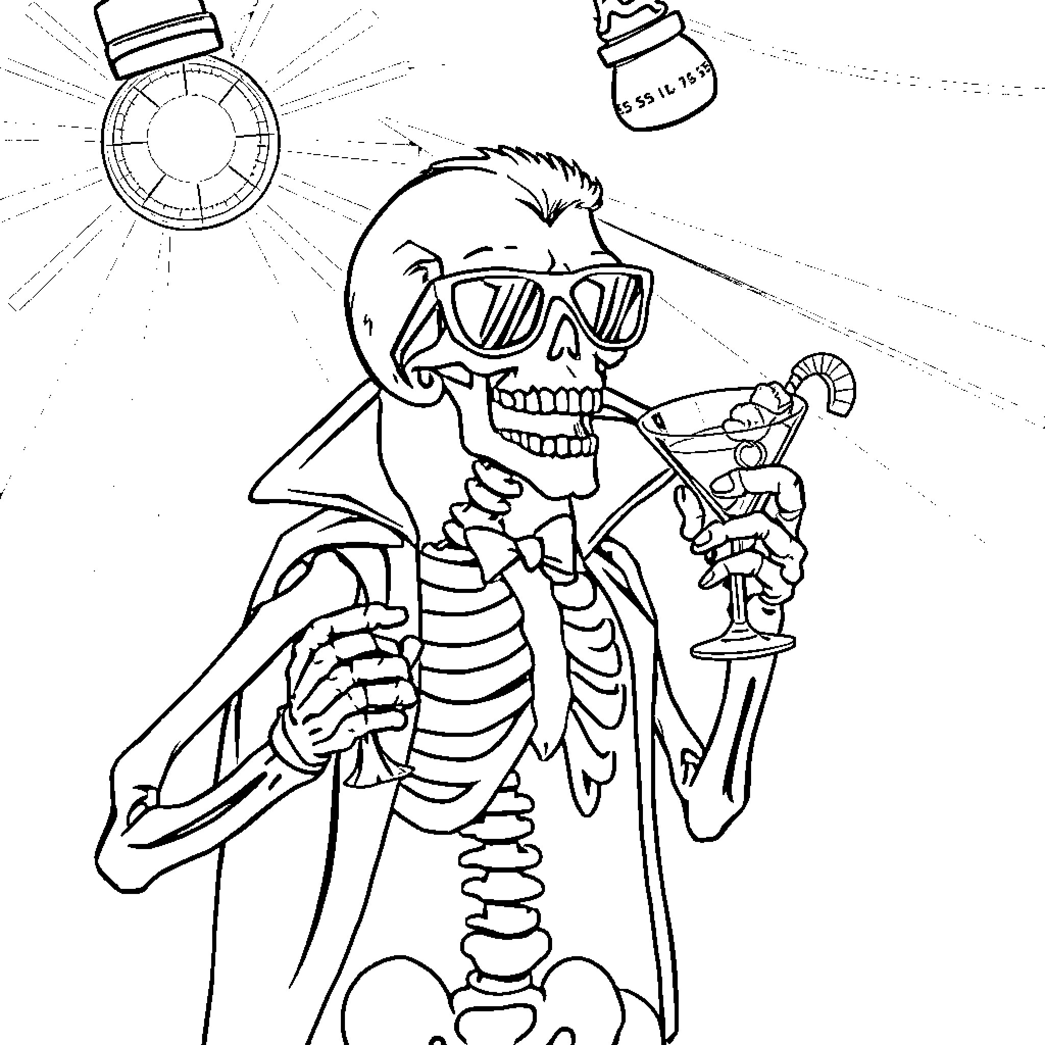 Vampire Skeleton in Sunglasses Dancing with Sword Coloring Page (free black-and-white line drawing printable PDF for all, from beginners to advanced learners, including children, teens, adults, and seniors)