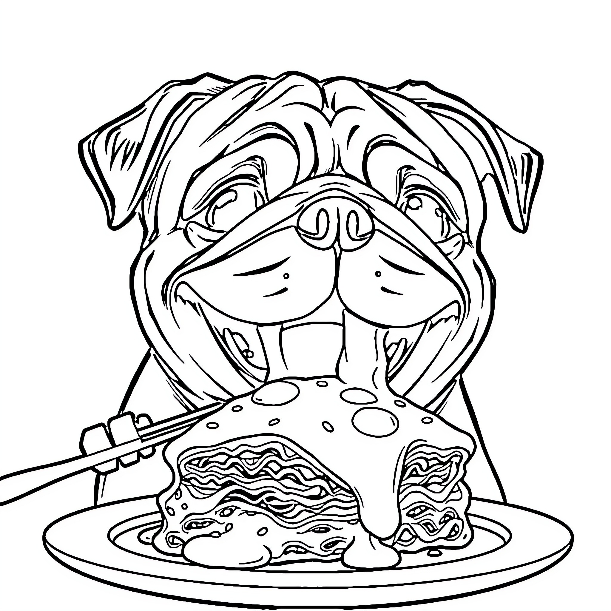 Pug Happily Eating a Meal Coloring Page (free black-and-white line drawing printable PDF for all, from beginners to advanced learners, including children, teens, adults, and seniors)