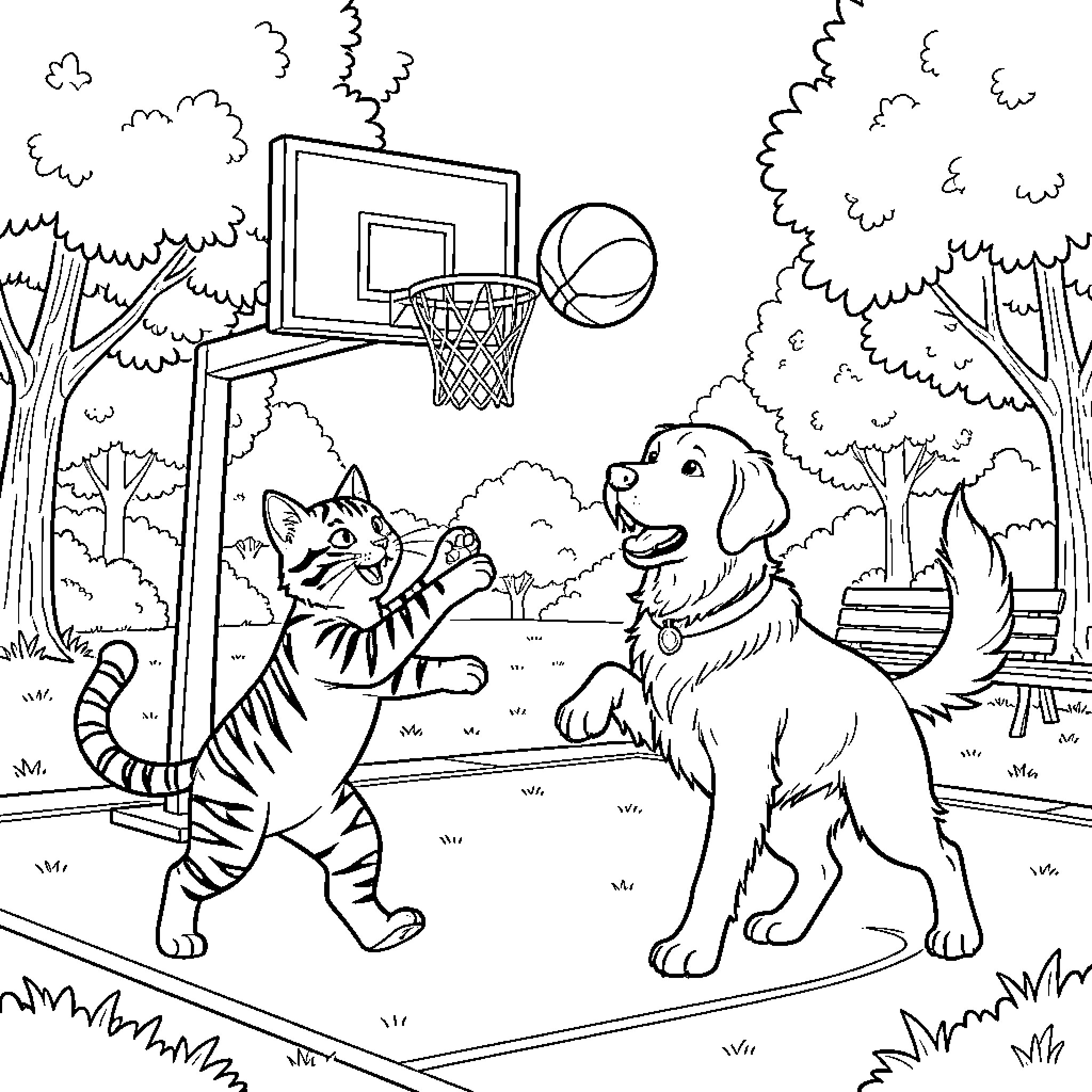 Cat and Dog Playing Basketball in the Park Coloring Page (free black-and-white line drawing printable PDF for all, from beginners to advanced learners, including children, teens, adults, and seniors)