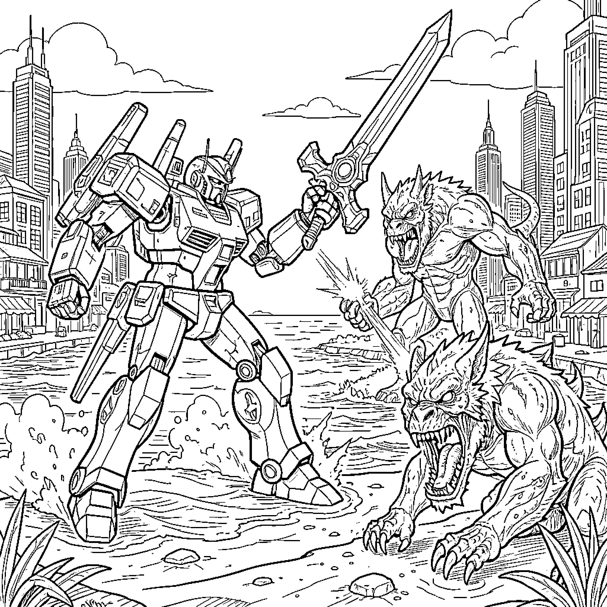 Pacific Rim: Titans Battling in the City Coloring Page (free black-and-white line drawing printable PDF for all, from beginners to advanced learners, including children, teens, adults, and seniors)