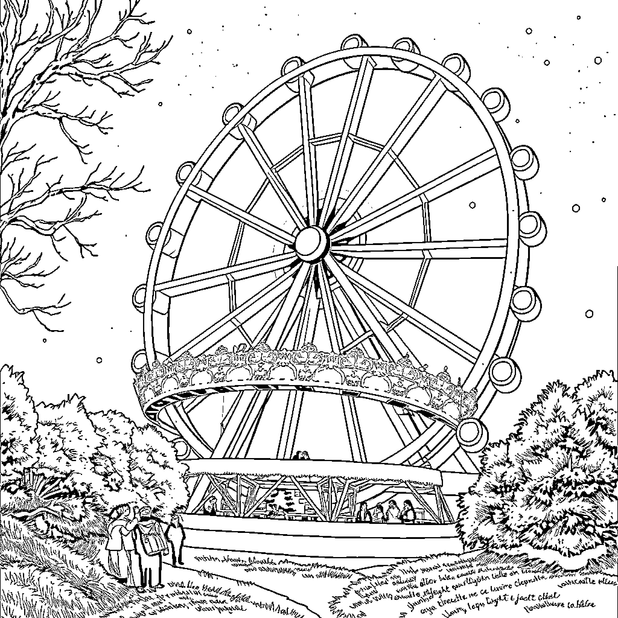 Ferris Wheel in the Snowy Landscape Coloring Page (free black-and-white line drawing printable PDF for all, from beginners to advanced learners, including children, teens, adults, and seniors)