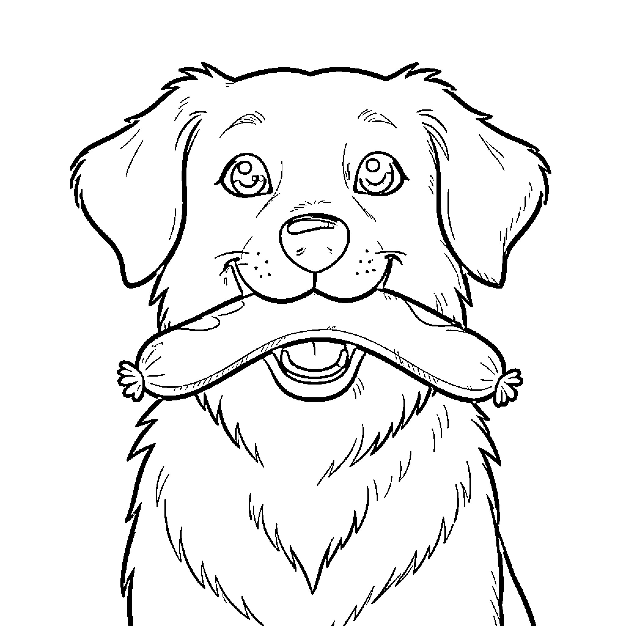 Dog holding a sausage in its mouth Coloring Page (free black-and-white line drawing printable PDF for all, from beginners to advanced learners, including children, teens, adults, and seniors)