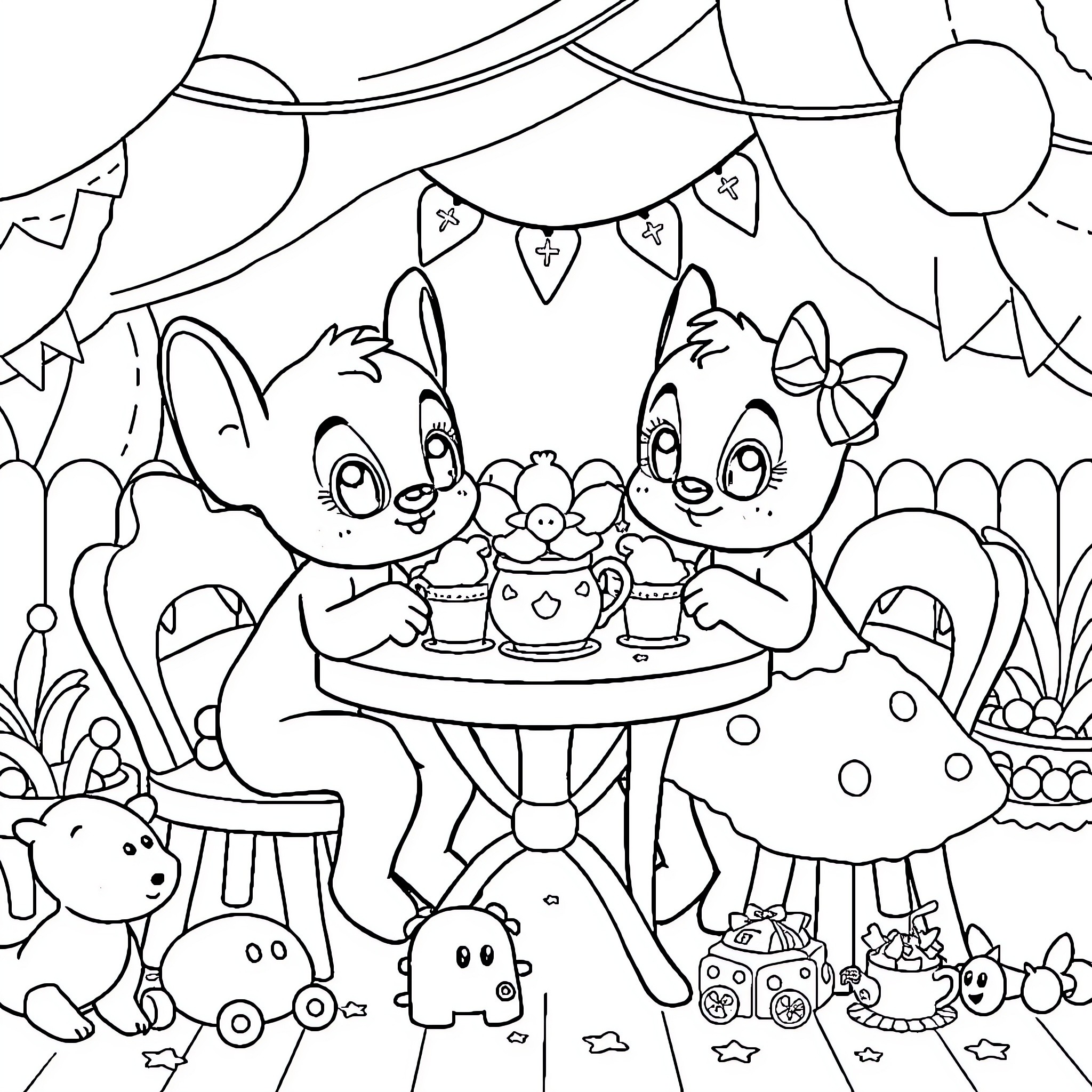 Bluey and Bingo's Whimsical Tea Party Coloring Page (free black-and-white line drawing printable PDF for all, from beginners to advanced learners, including children, teens, adults, and seniors)