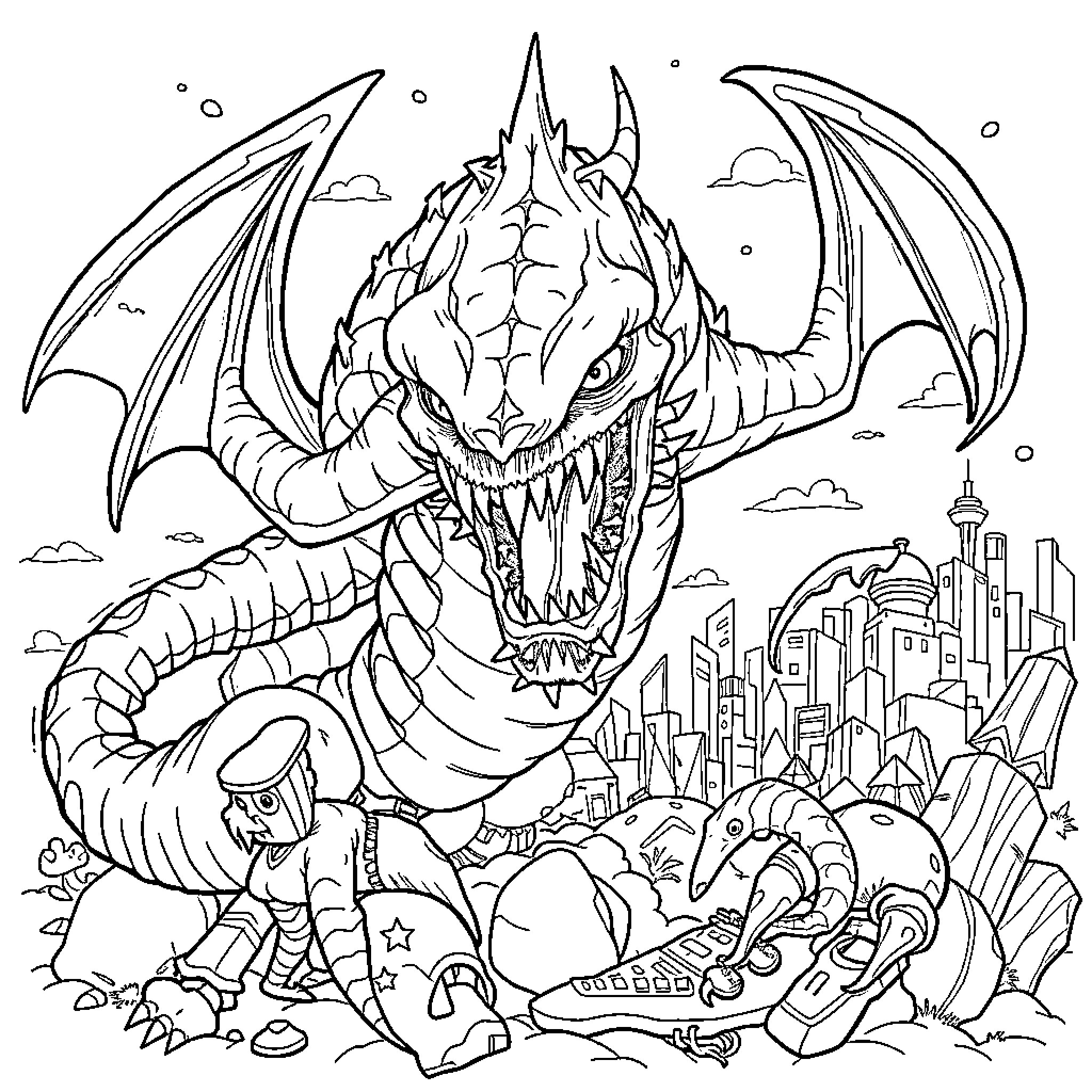 Seattle Kraken Ferocious Dragon Attacking City Coloring Page (free black-and-white line drawing printable PDF for all, from beginners to advanced learners, including children, teens, adults, and seniors)