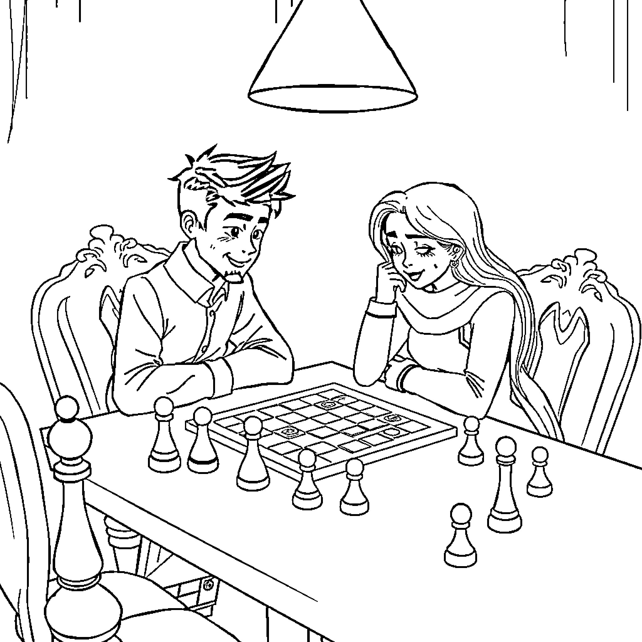 Échecs entre un jeune couple souriant à table Coloring Page (free black-and-white line drawing printable PDF for all, from beginners to advanced learners, including children, teens, adults, and seniors)
